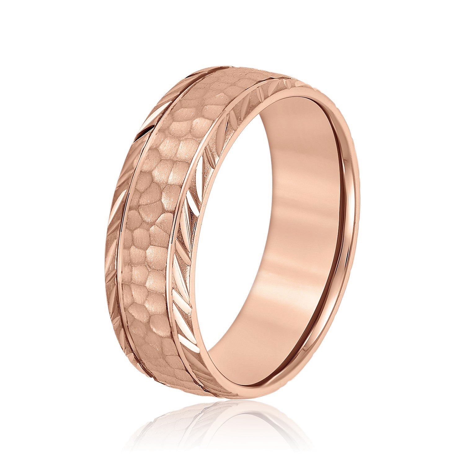Men’s Leaf Pattern Edged Hammered Center Wedding Band-VIRABYANI