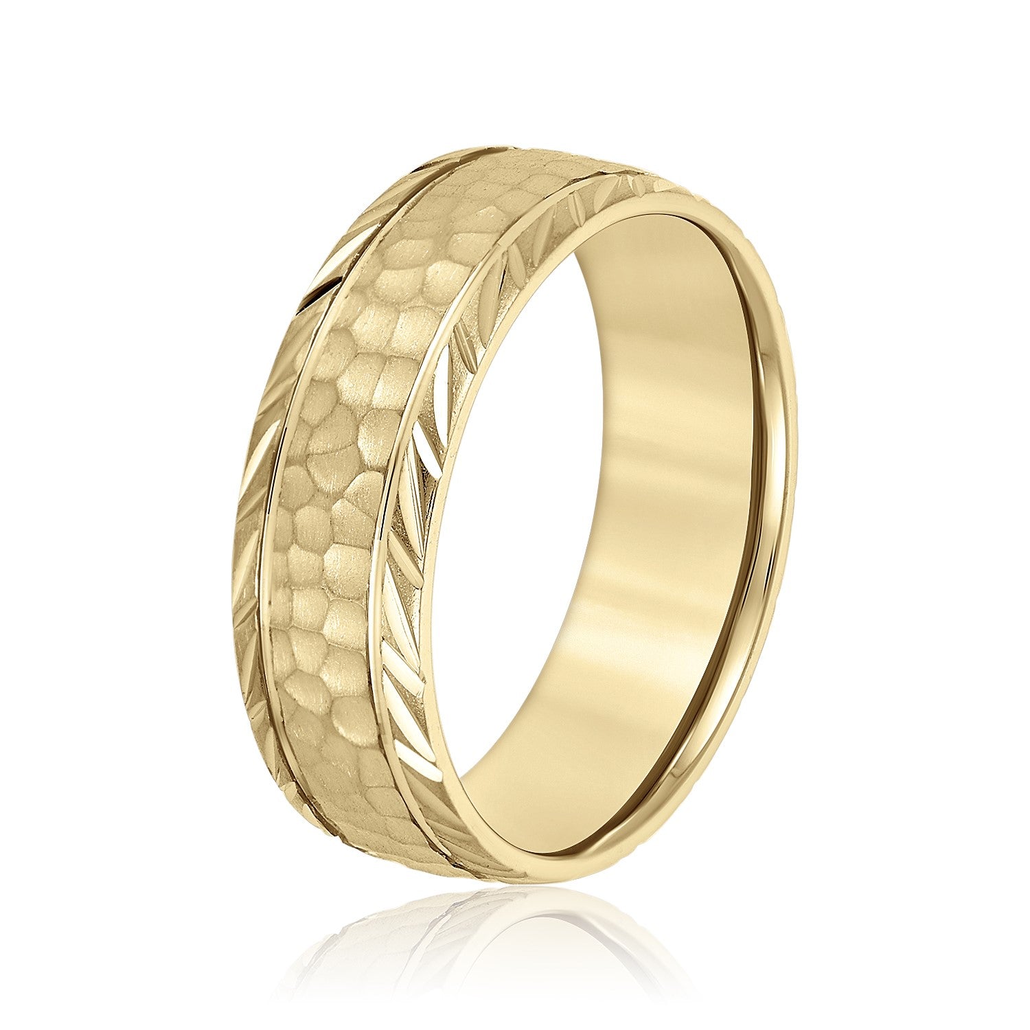 Men’s Leaf Pattern Edged Hammered Center Wedding Band-VIRABYANI