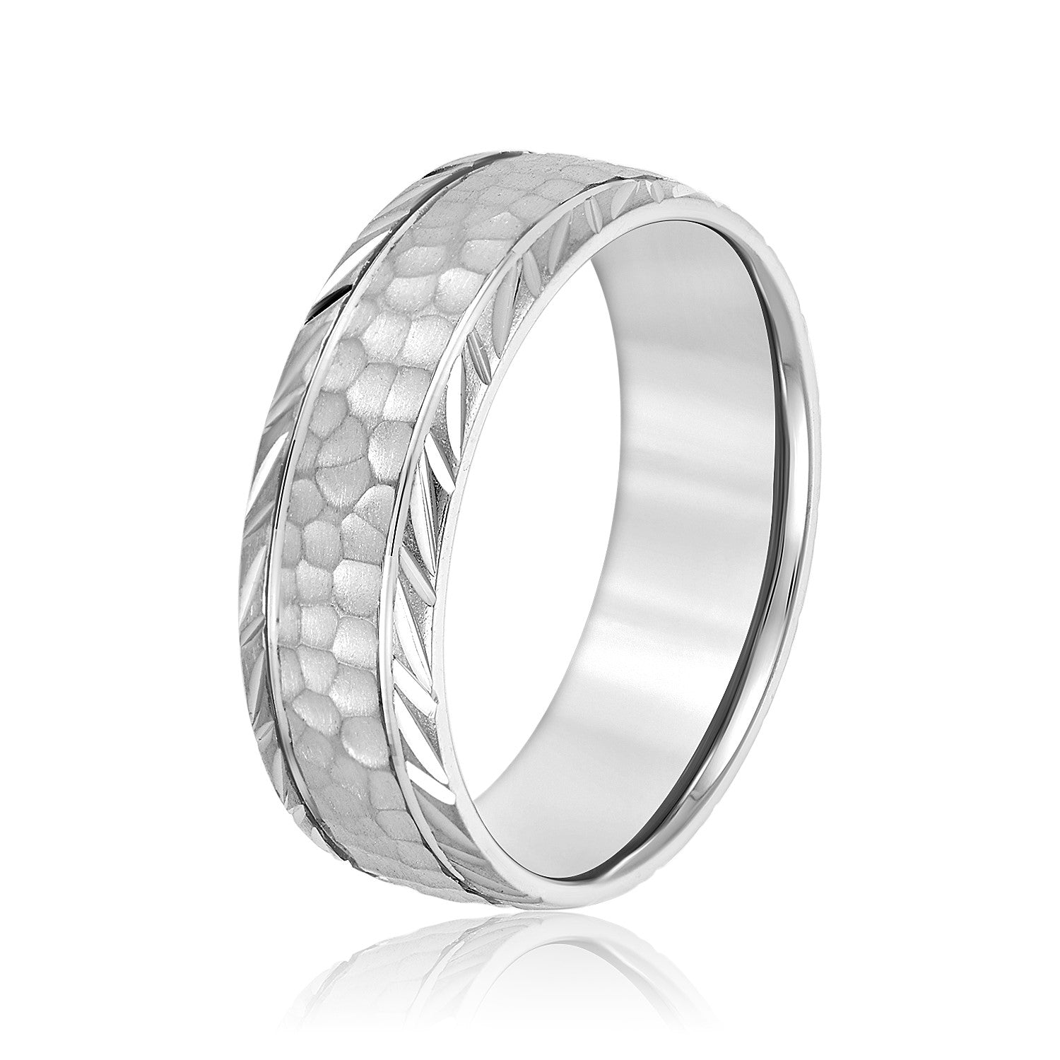 Men’s Leaf Pattern Edged Hammered Center Wedding Band-VIRABYANI