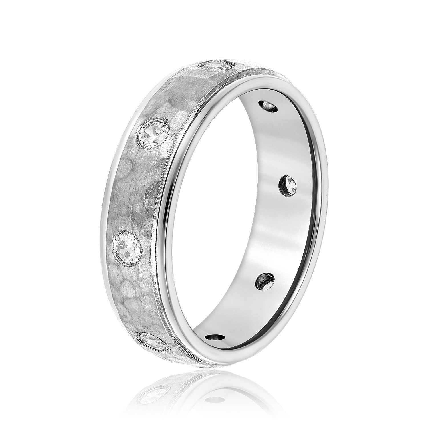 Bezel Set Diamond Hammered Men's Wedding Band-VIRABYANI