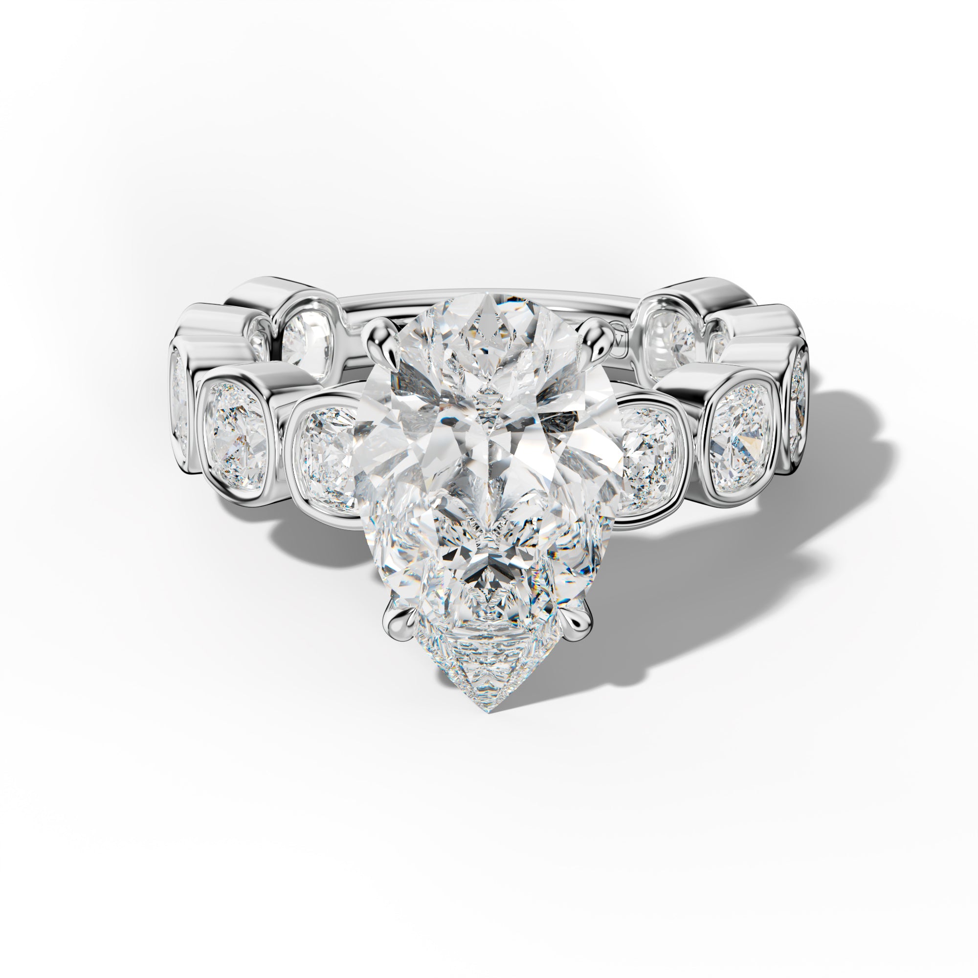 Sage Pear Shape Engagement Ring With Cushion Side Stones