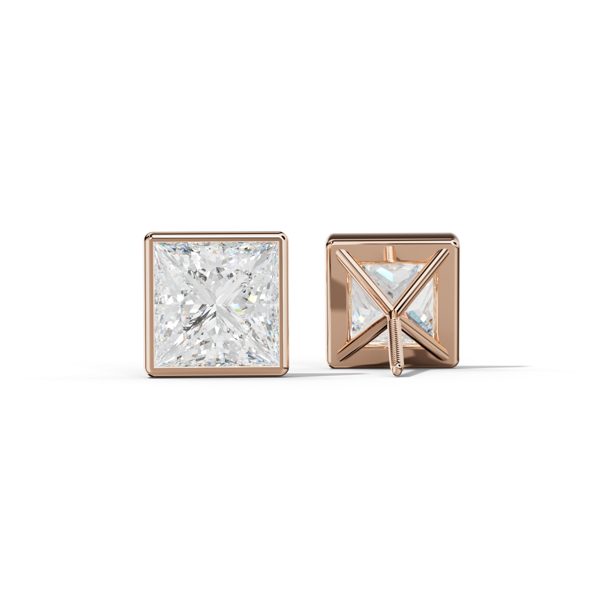 Princess Cut  Diamond Stud Earrings With Martini Bezel Set