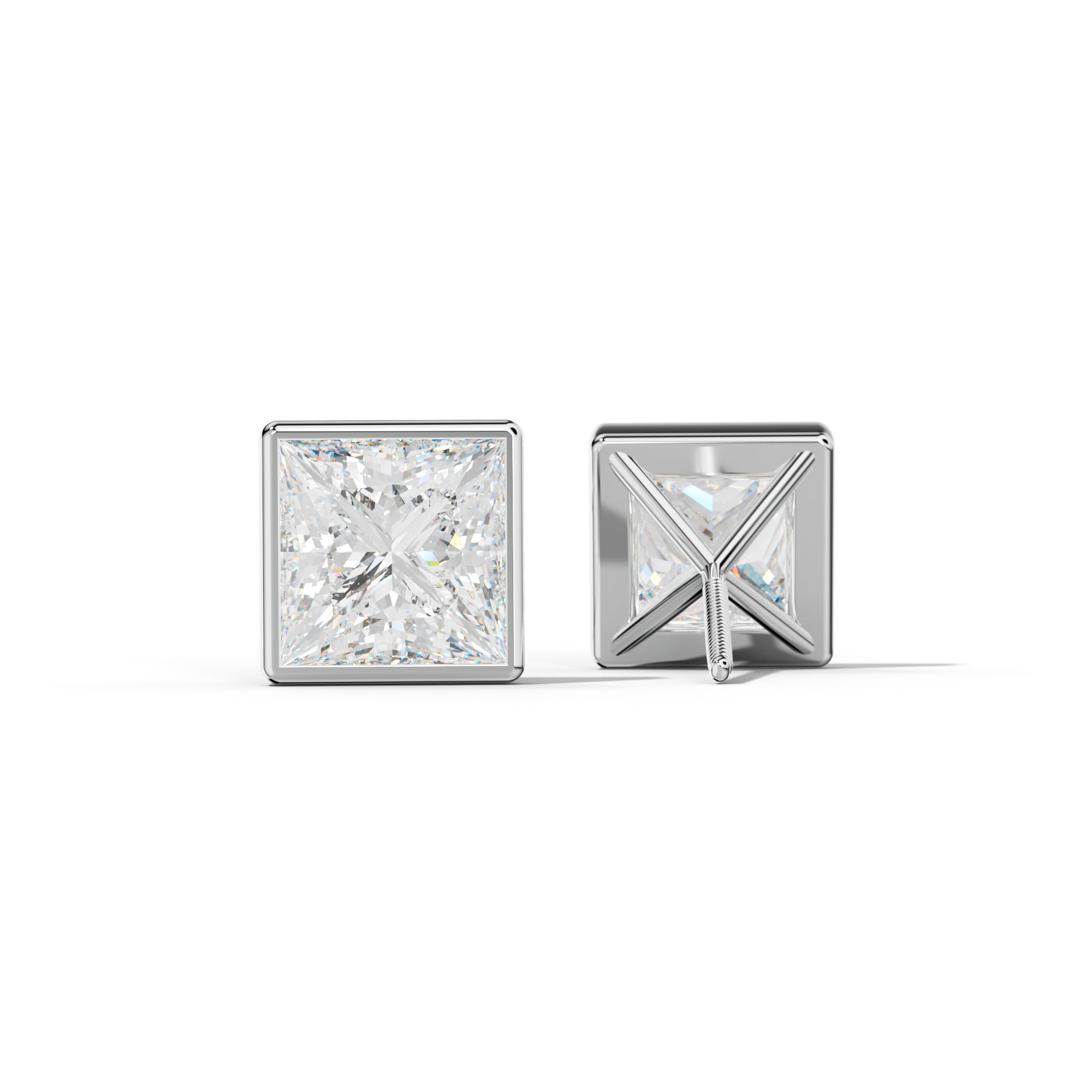 Princess Cut  Diamond Stud Earrings With Martini Bezel Set