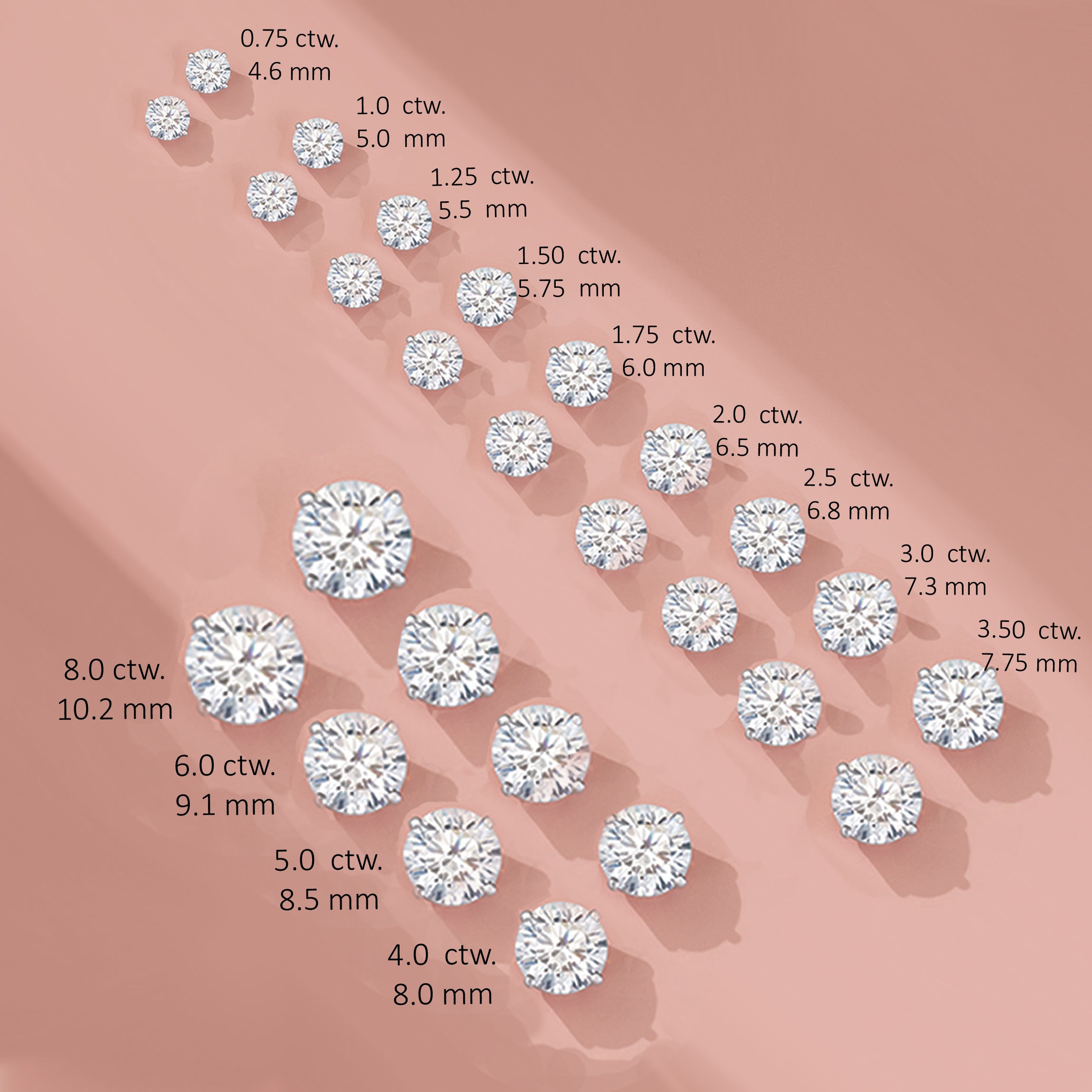 Diamond Stud Earrings Size Chart 14K Gold Radiant Cut Lab Diamond Stud