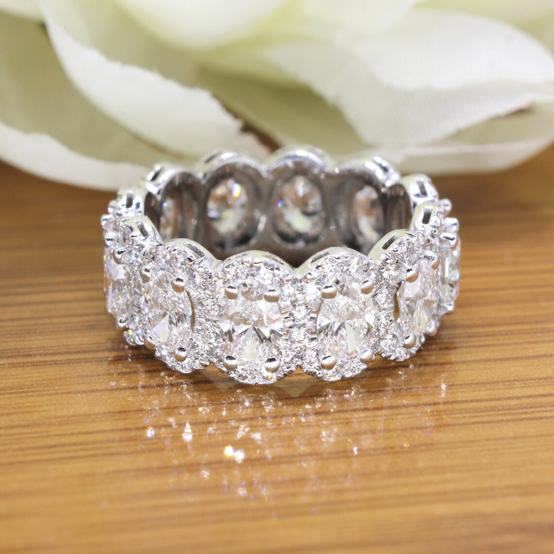 4.5 ctw. Oval and Round Diamond Eternity Band, Oval Diamond Halo Accent Eternity Ring-VIRABYANI