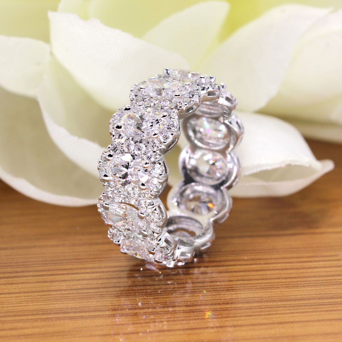 4.5 ctw. Oval and Round Diamond Eternity Band, Oval Diamond Halo Accent Eternity Ring-VIRABYANI
