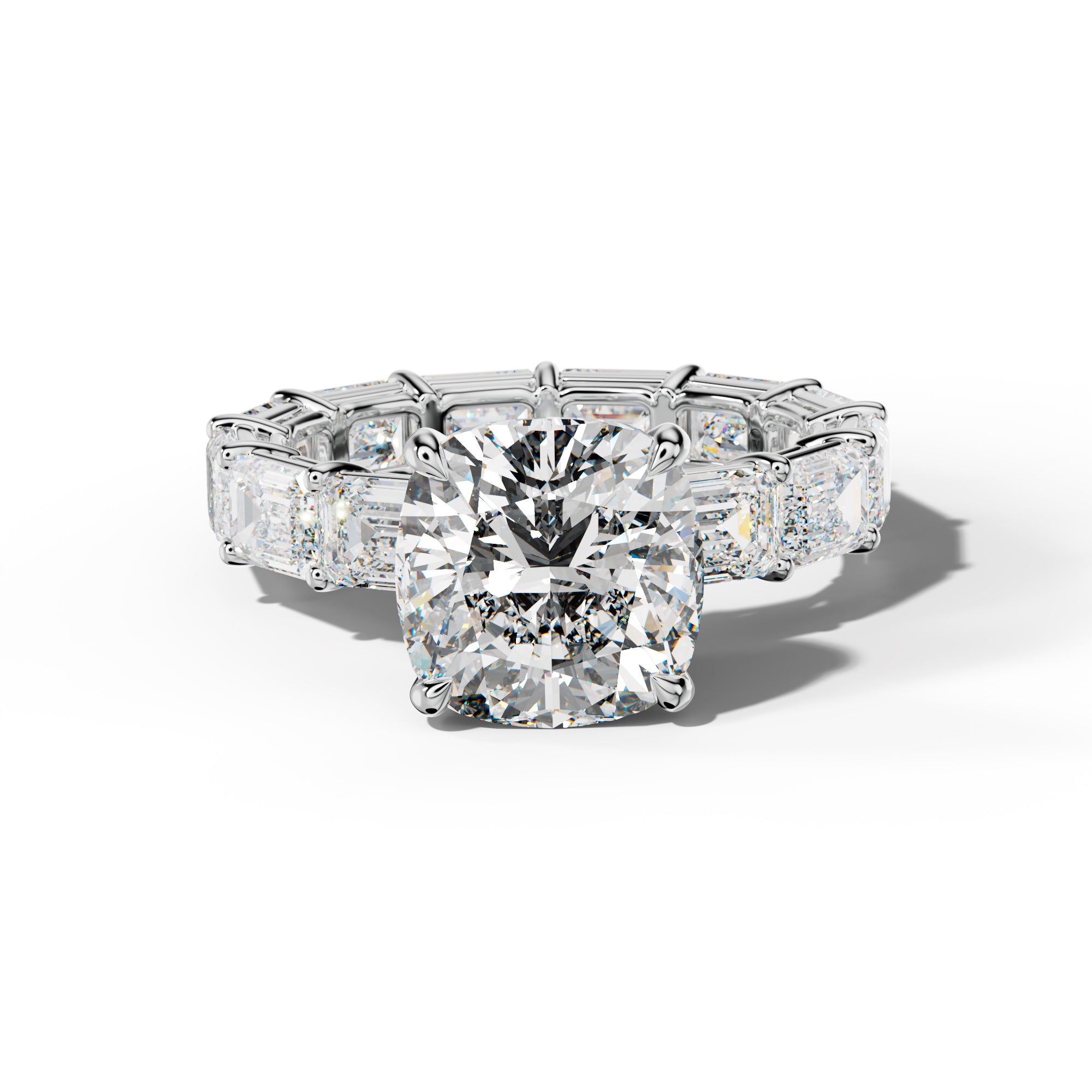Miracle Cushion Diamond Engagement Ring With East West Emerald Cut Side Stones