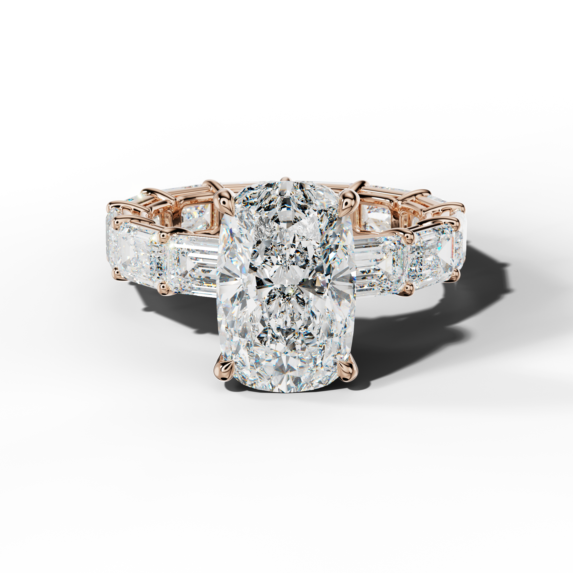 Miracle Elongated Cushion Diamond Engagement Ring With East West Emerald Cut Side Stones