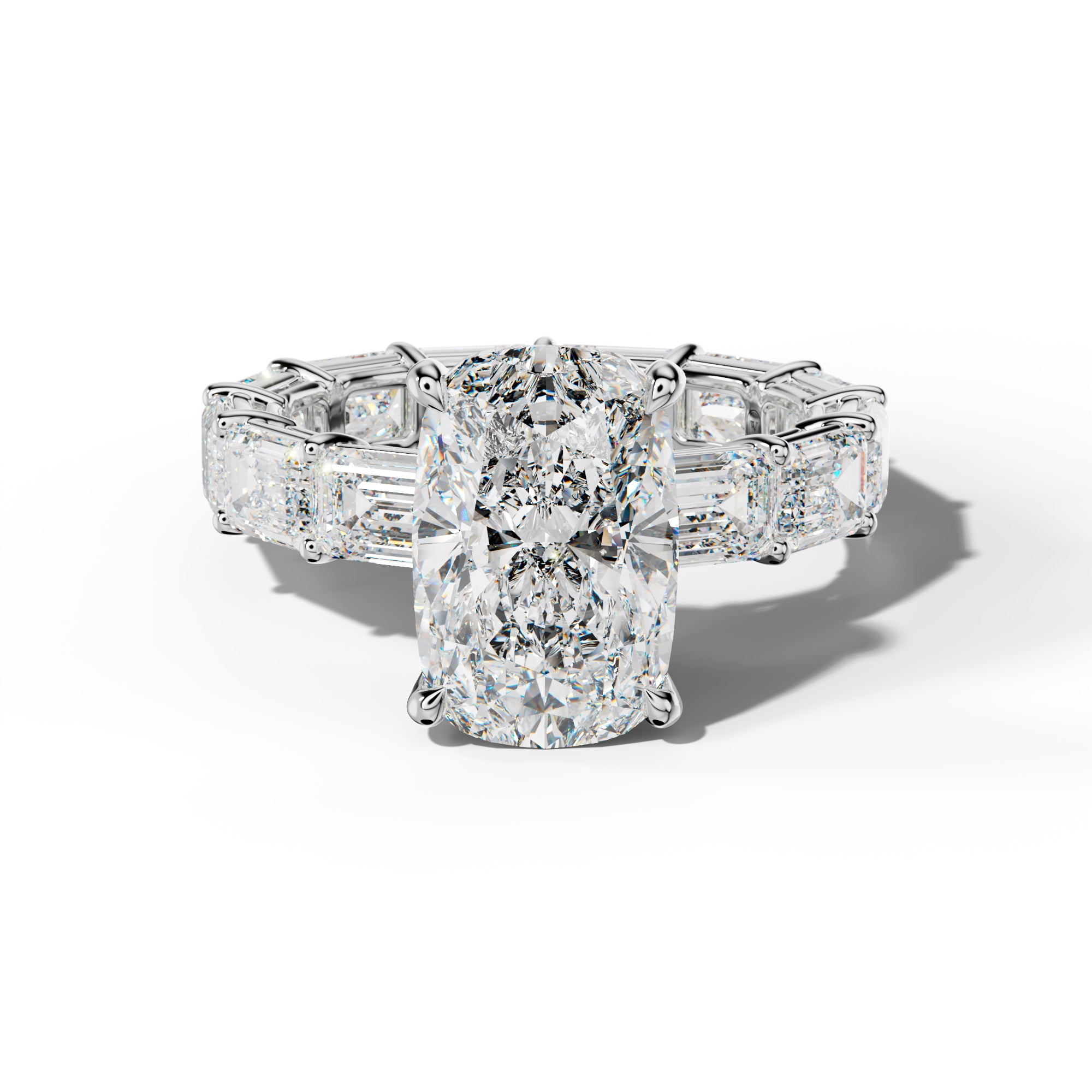 Miracle Elongated Cushion Diamond Engagement Ring With East West Emerald Cut Side Stones