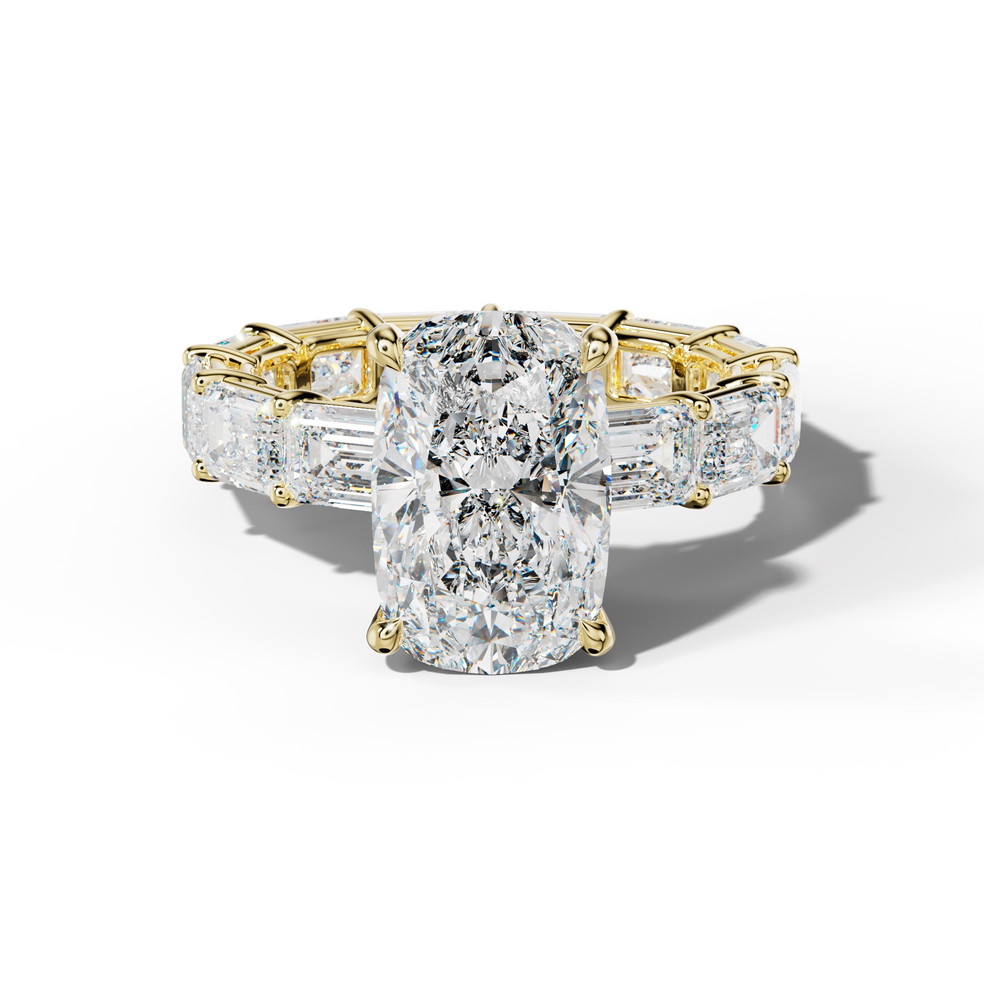 Miracle Elongated Cushion Diamond Engagement Ring With East West Emerald Cut Side Stones