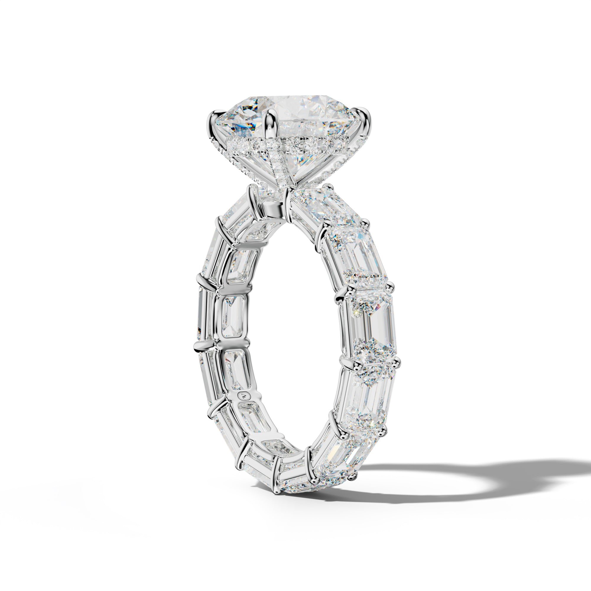Miracle Round Diamond Engagement Ring With East West Emerald Cut Side Stones