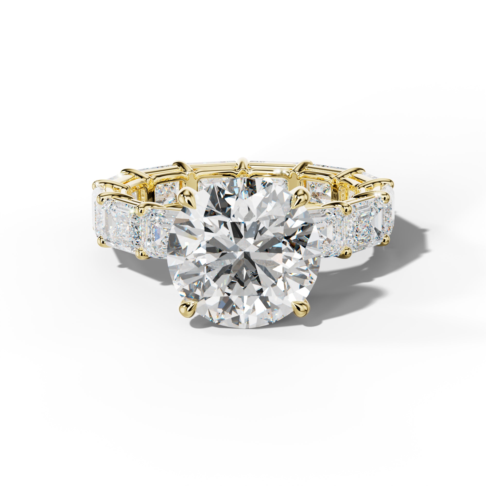 Miracle Round Diamond Engagement Ring With East West Emerald Cut Side Stones