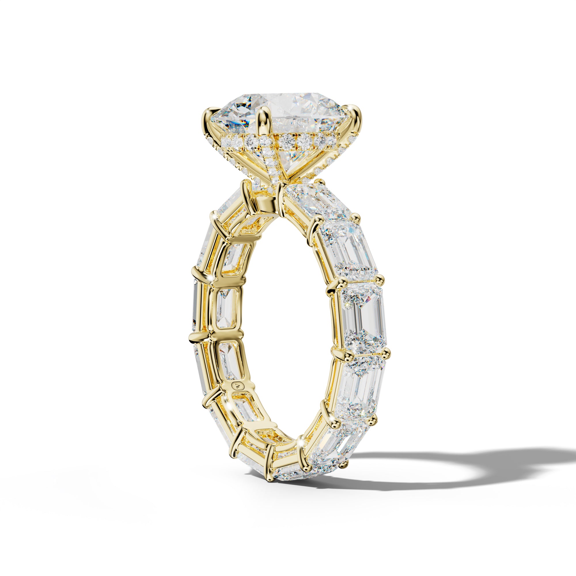 Miracle Round Diamond Engagement Ring With East West Emerald Cut Side Stones
