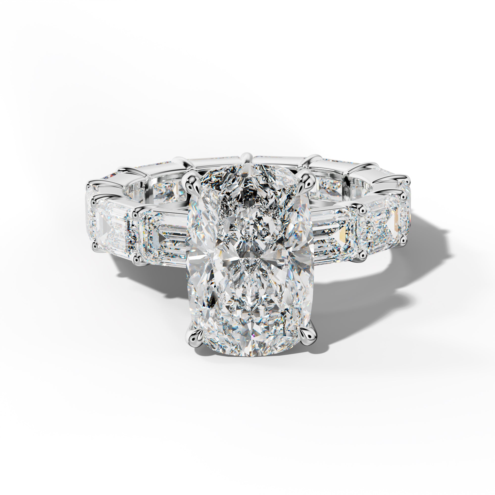 Romina Elongated Cushion Diamond Engagement Ring With East West Emerald Cut Side Stones