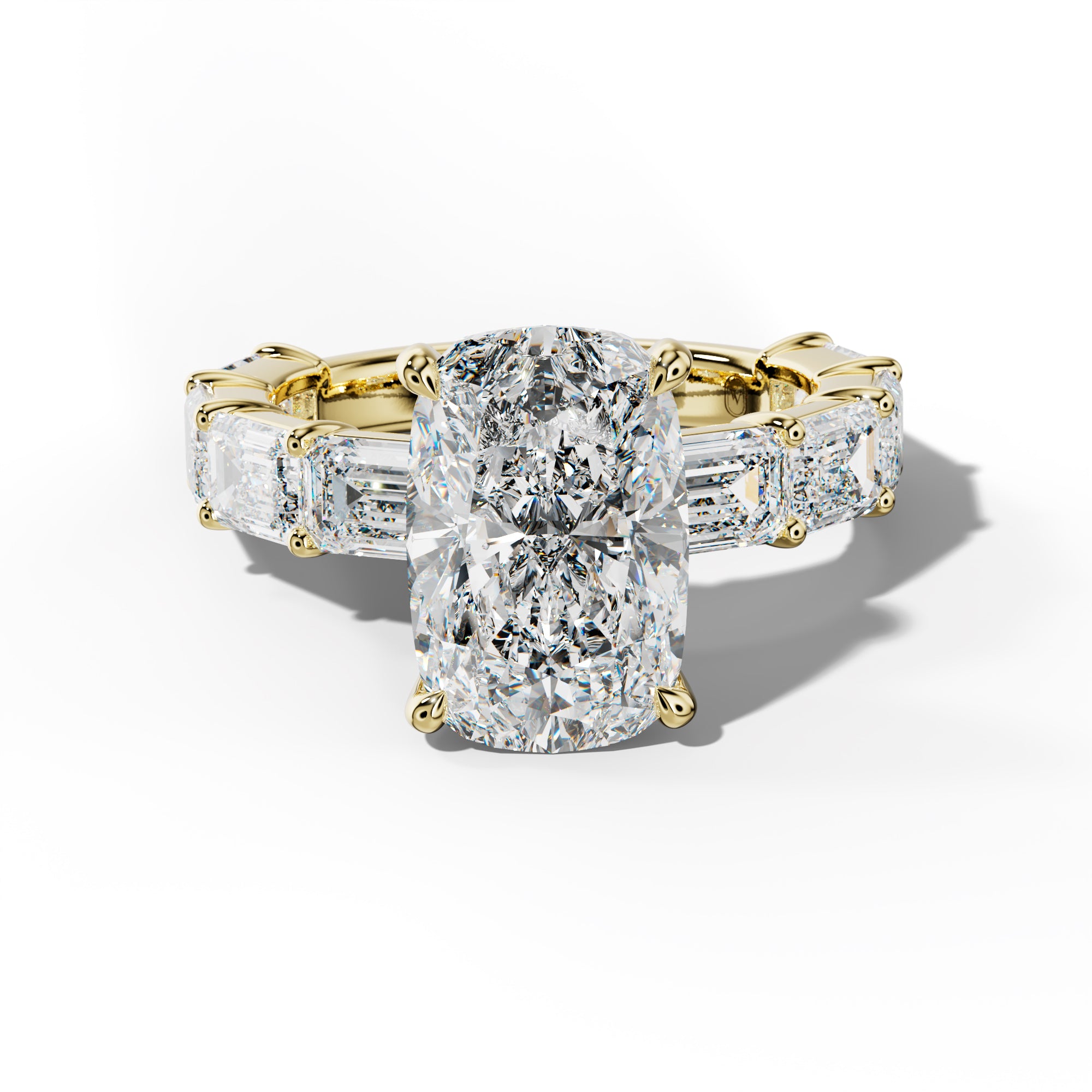 Adriana Elongated Cushion Diamond Engagement Ring With East West Emerald Cut Side Stones