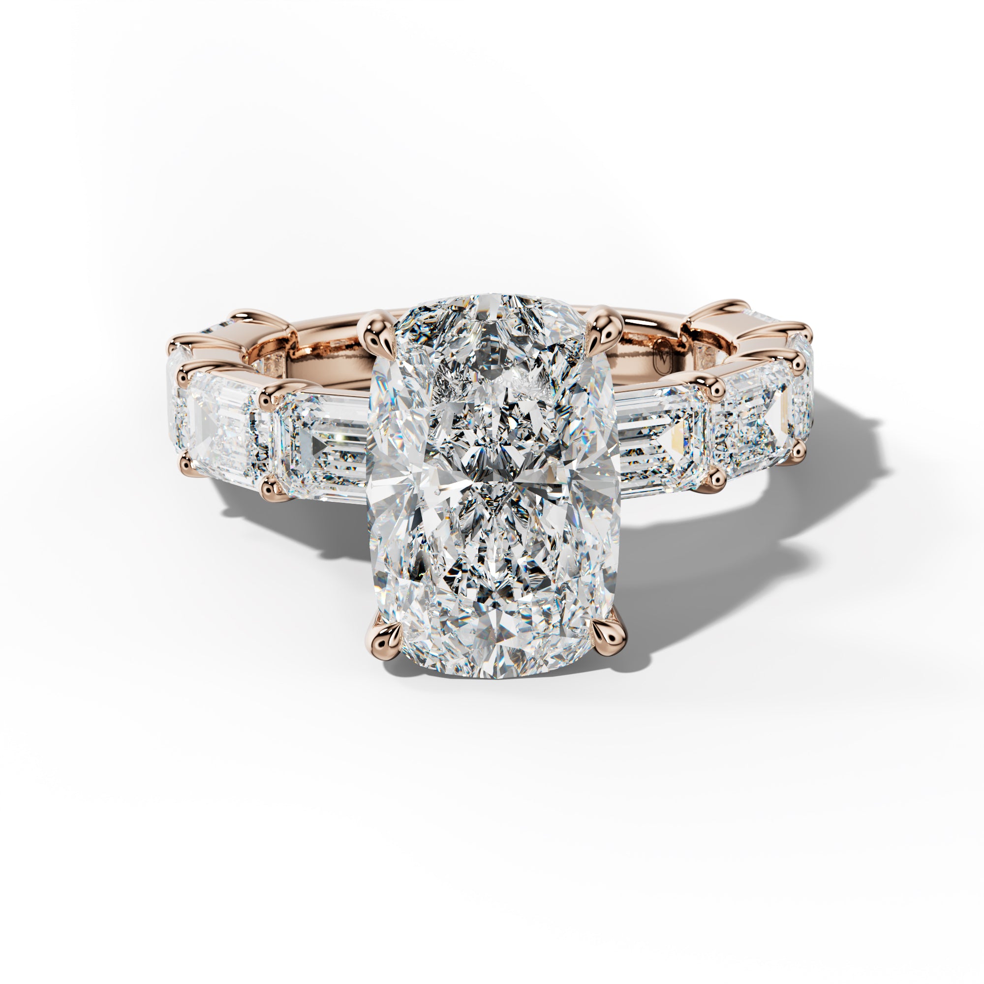 Adriana Elongated Cushion Diamond Engagement Ring With East West Emerald Cut Side Stones