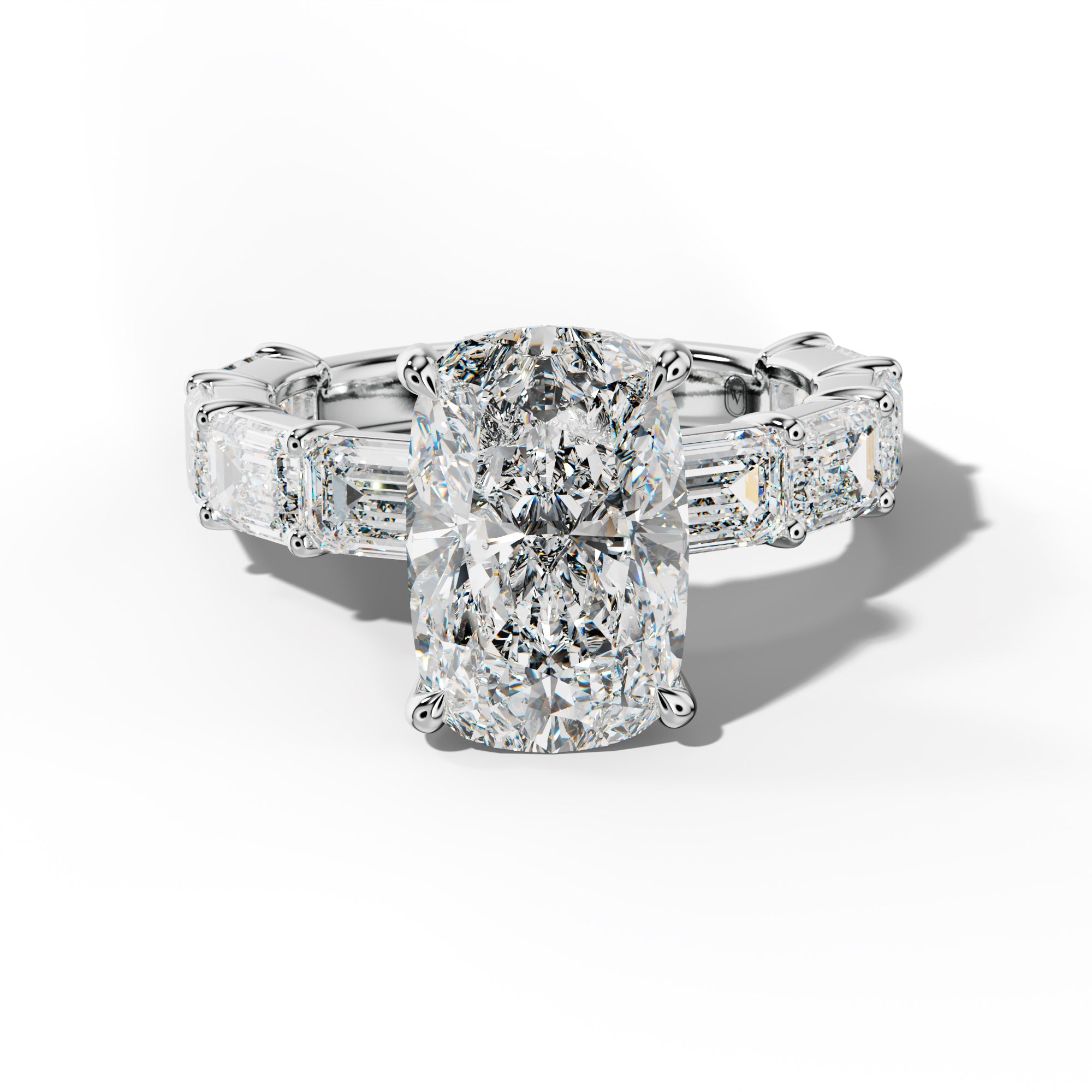 Adriana Elongated Cushion Diamond Engagement Ring With East West Emerald Cut Side Stones