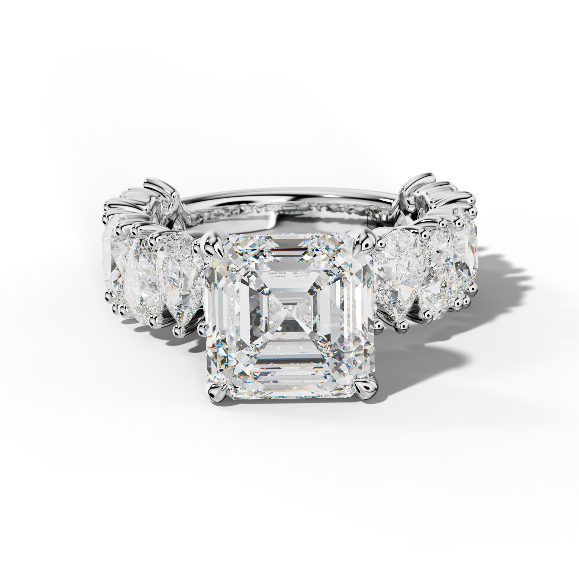 Paula Asscher Diamond Engagement Ring With Pear Shape Side Stones