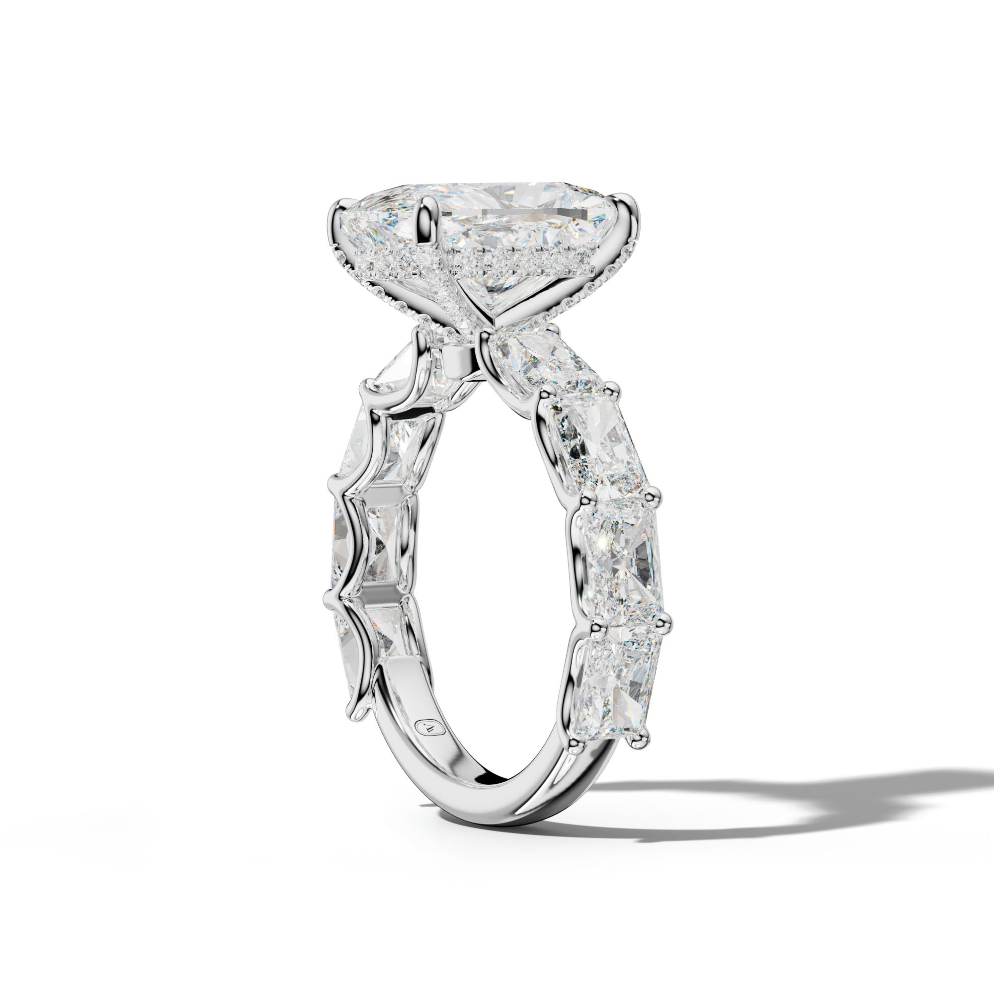 Nancy Elongated Cushion Diamond Engagement Ring With East West Radiant Side Stones