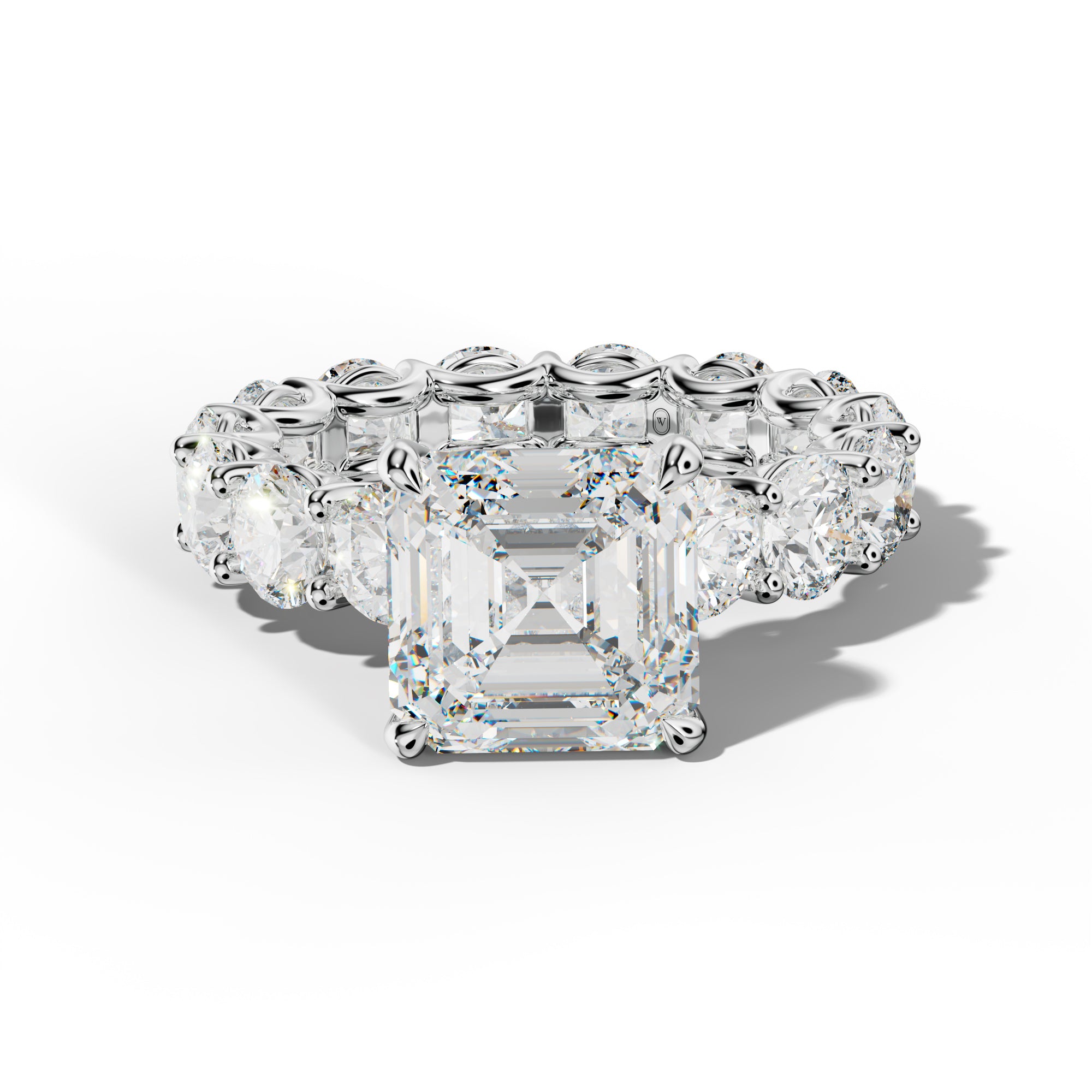 Daisy Asscher Diamond Engagement Ring With Round Side Stones