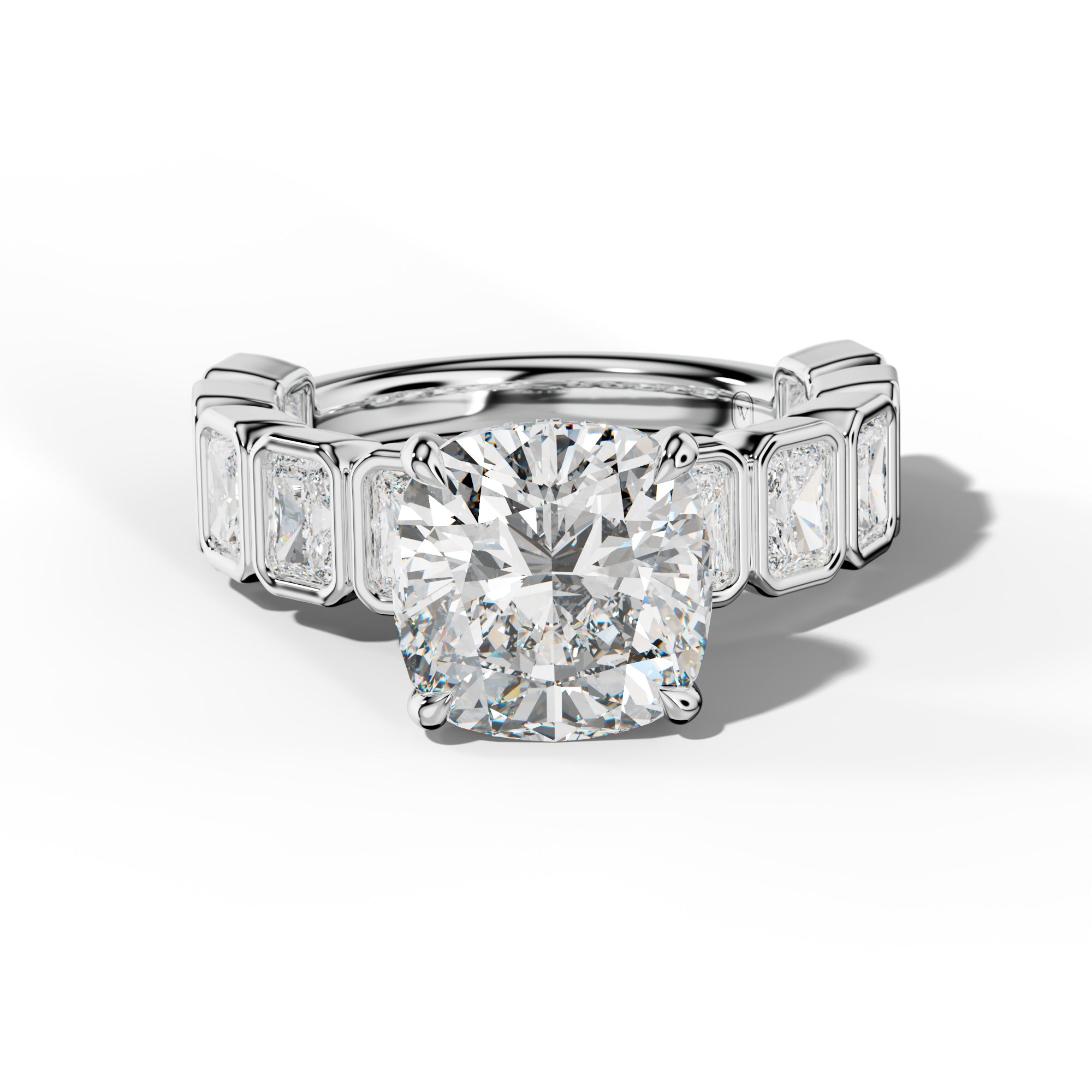 Jaslyn Cushion Diamond Engagement Ring With Radiant Side Stones