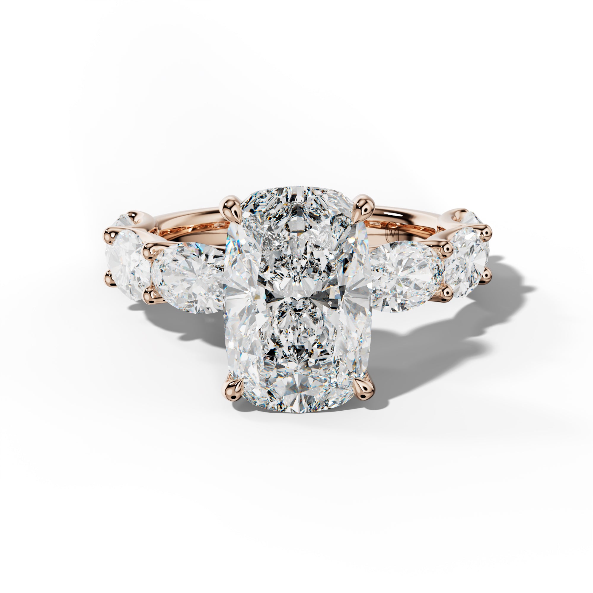 Kinsley Elongated Cushion Diamond Engagement Ring With East West Oval Side Stones