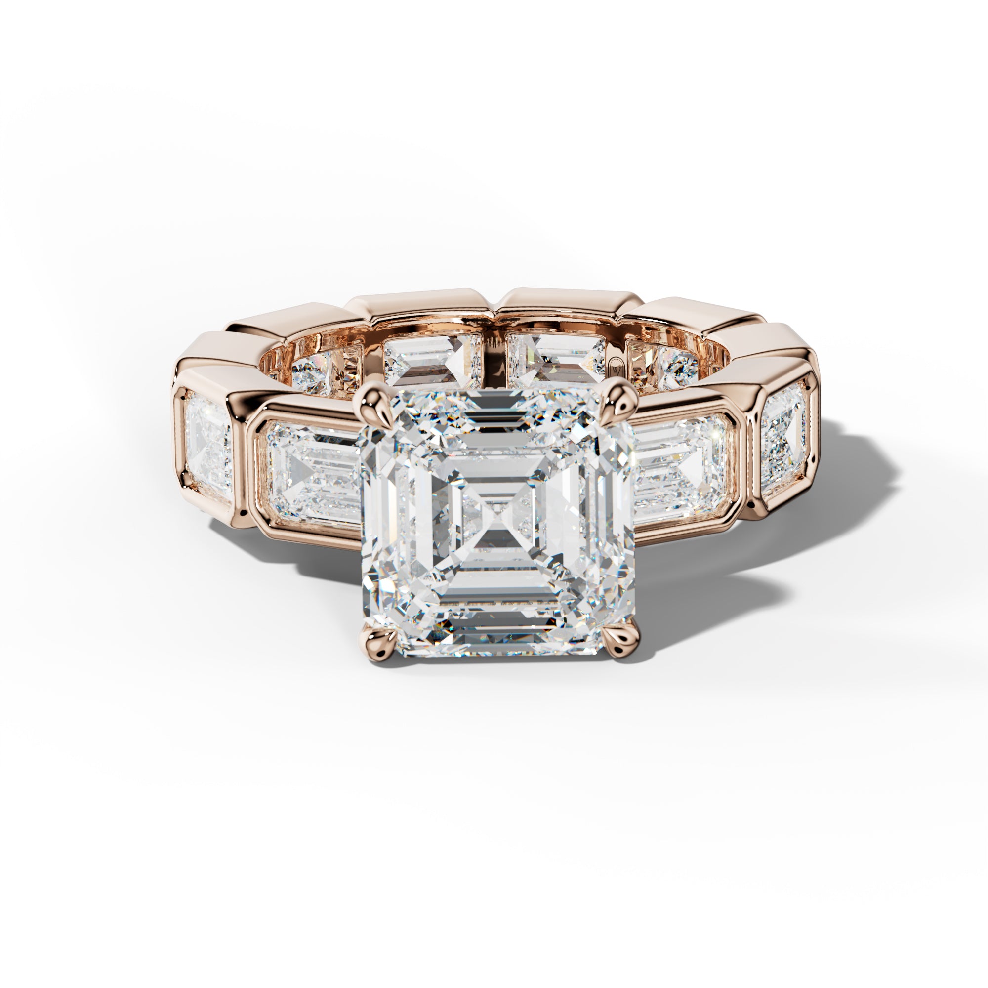 Violeta Asscher Diamond Engagement Ring With East West Emerald Side Stones
