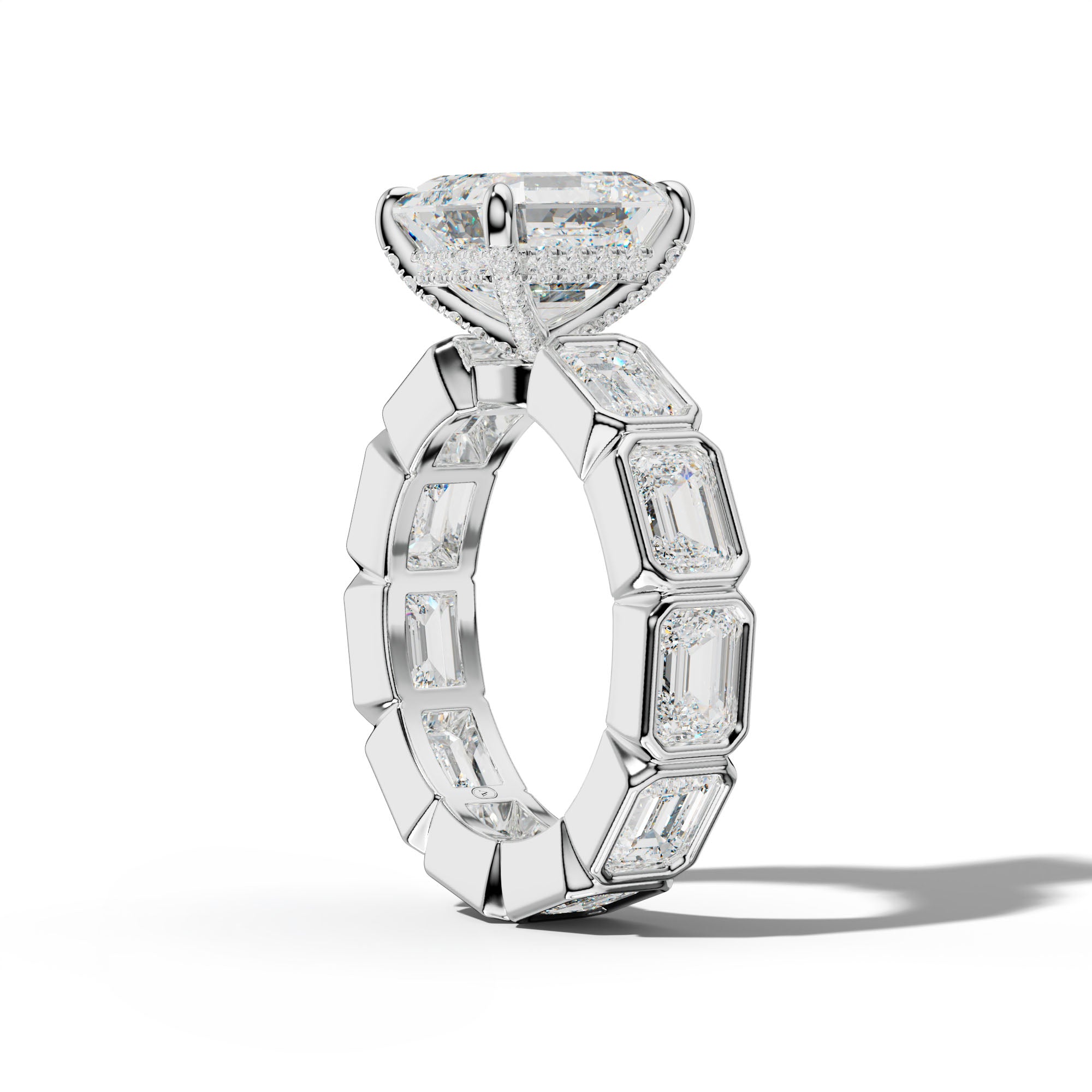 Violeta Asscher Diamond Engagement Ring With East West Emerald Side Stones