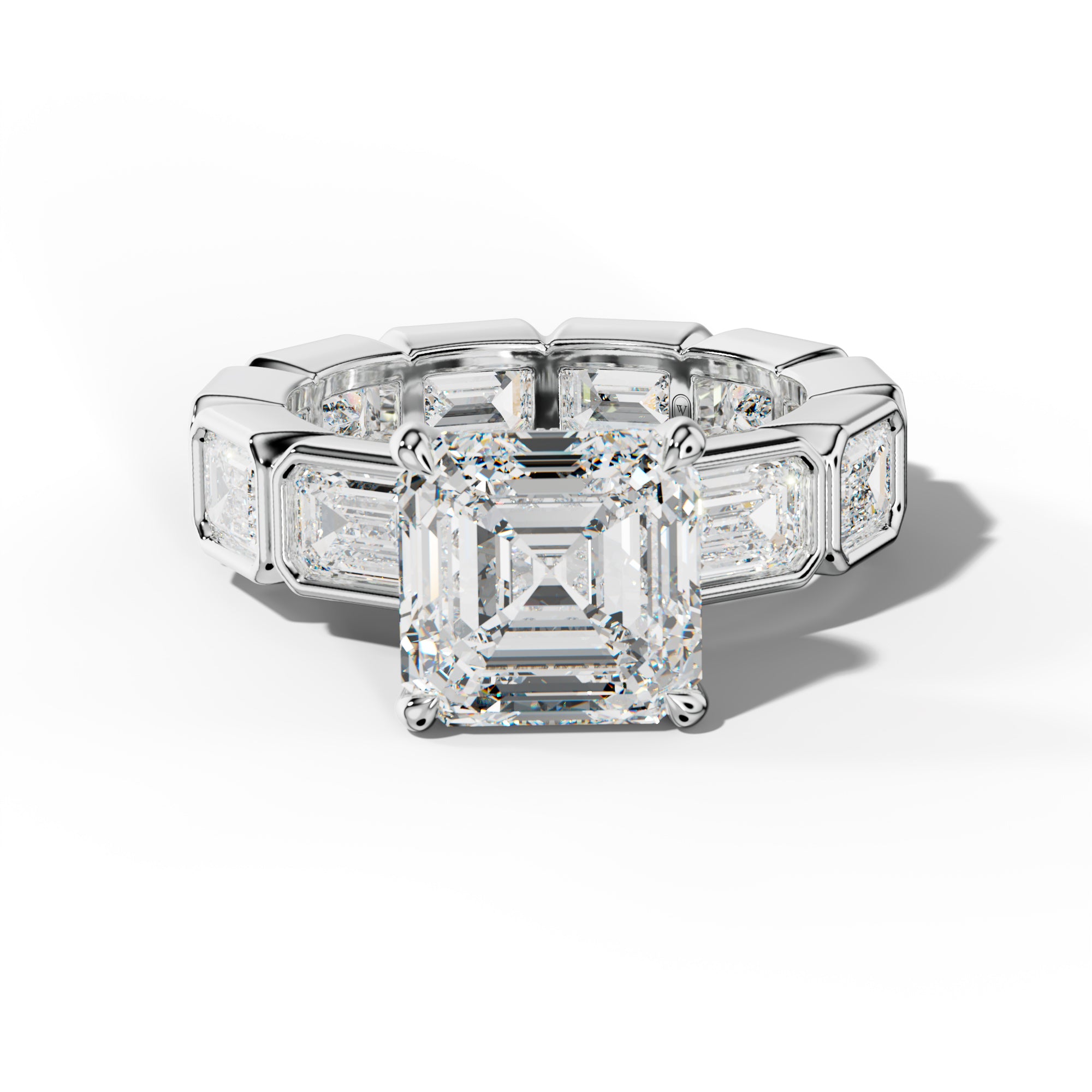 Violeta Asscher Diamond Engagement Ring With East West Emerald Side Stones