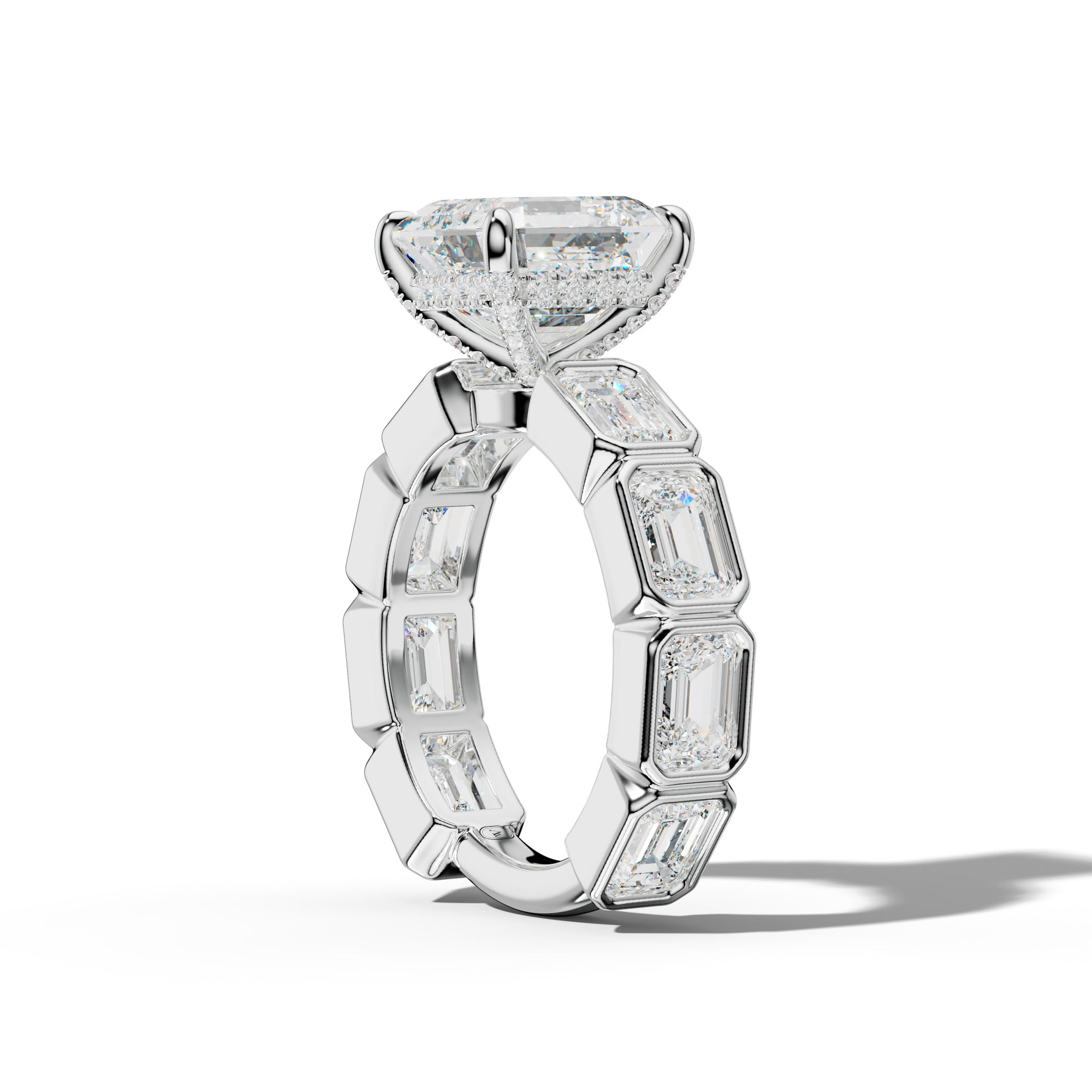 Jessie Asscher Diamond Engagement Ring With East West Emerald Side Stones