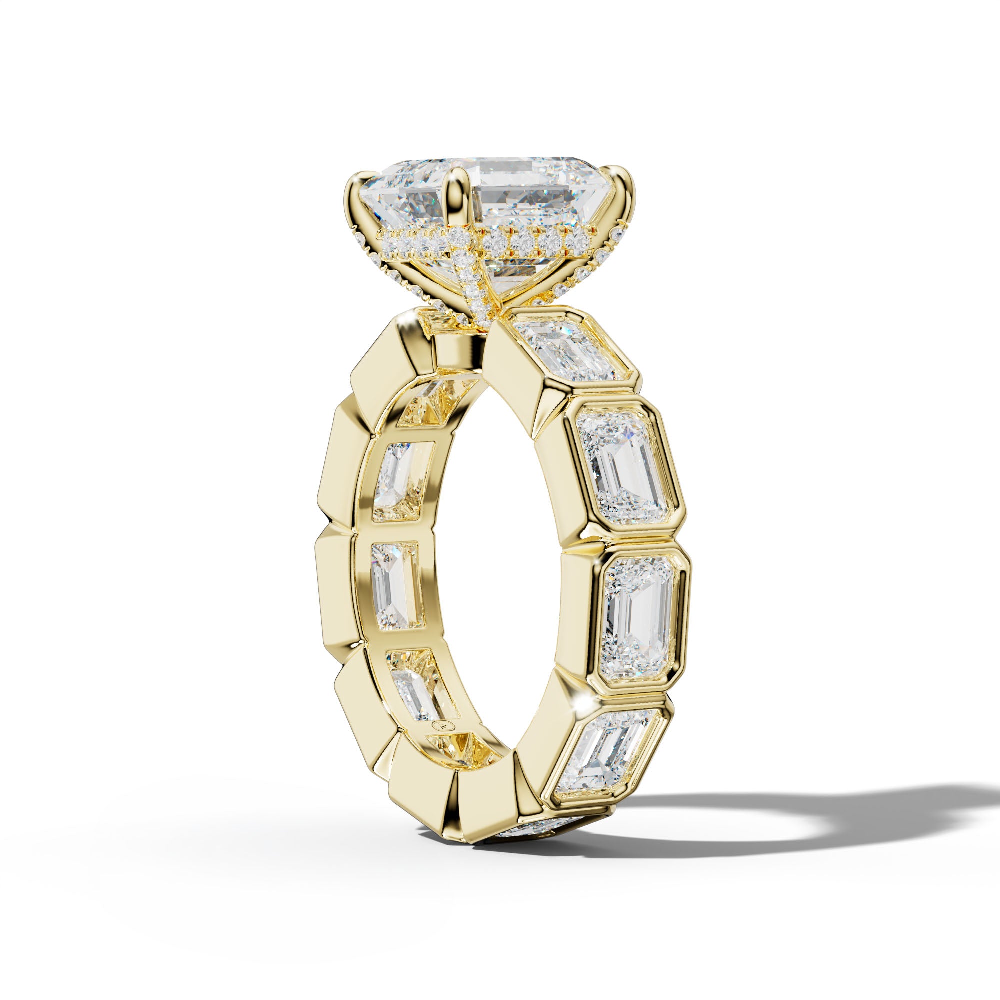 Violeta Asscher Diamond Engagement Ring With East West Emerald Side Stones