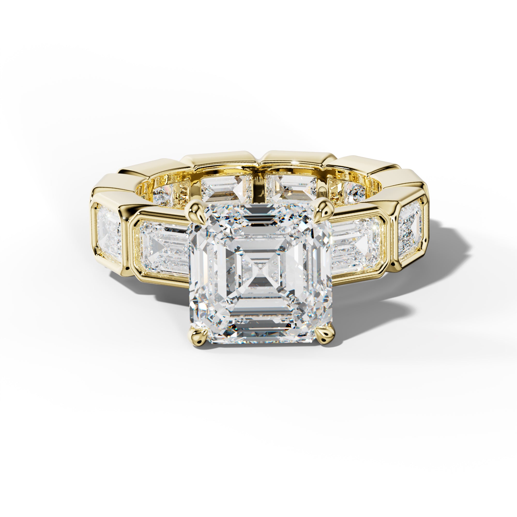 Violeta Asscher Diamond Engagement Ring With East West Emerald Side Stones