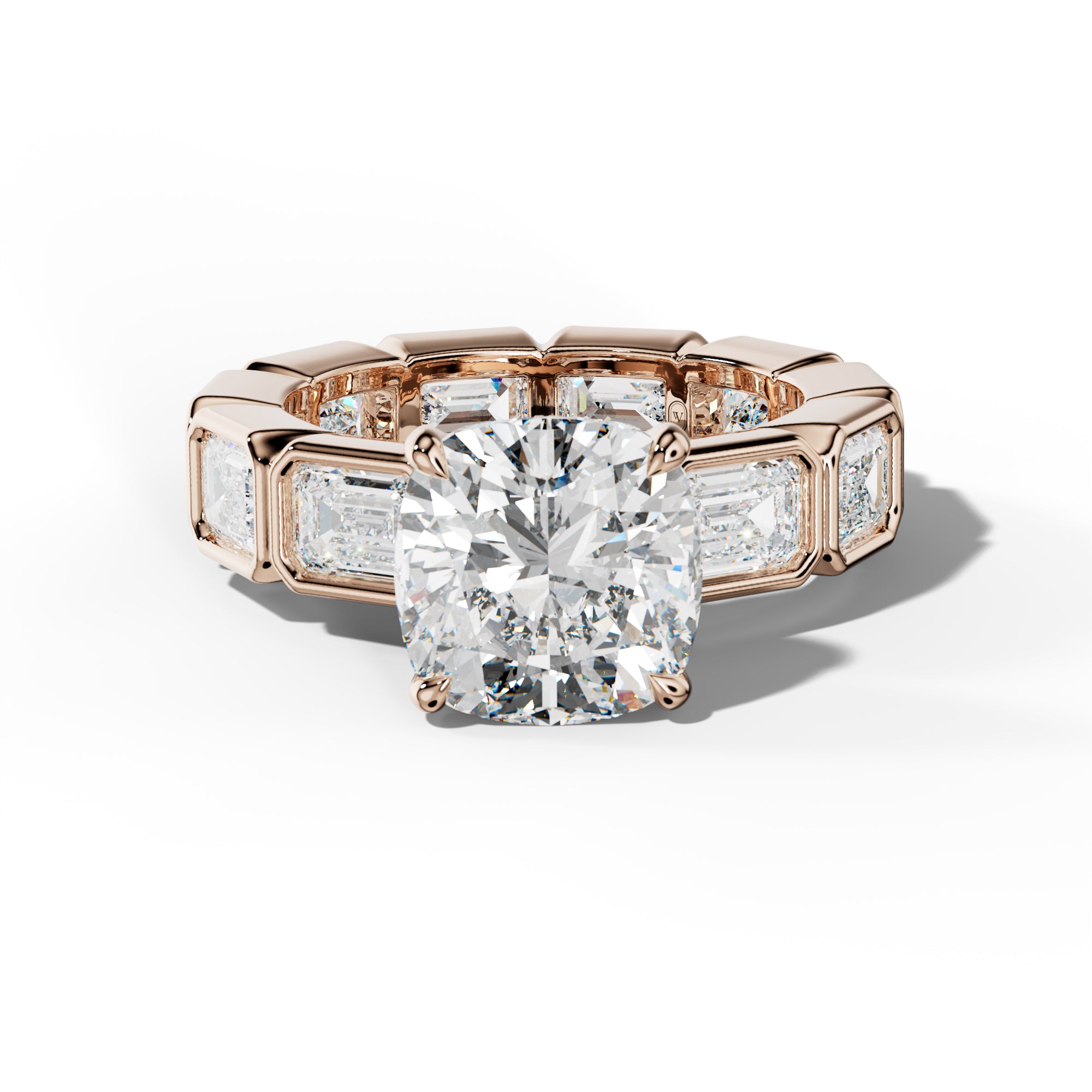 Violeta Cushion Diamond Engagement Ring With East West Emerald Side Stones