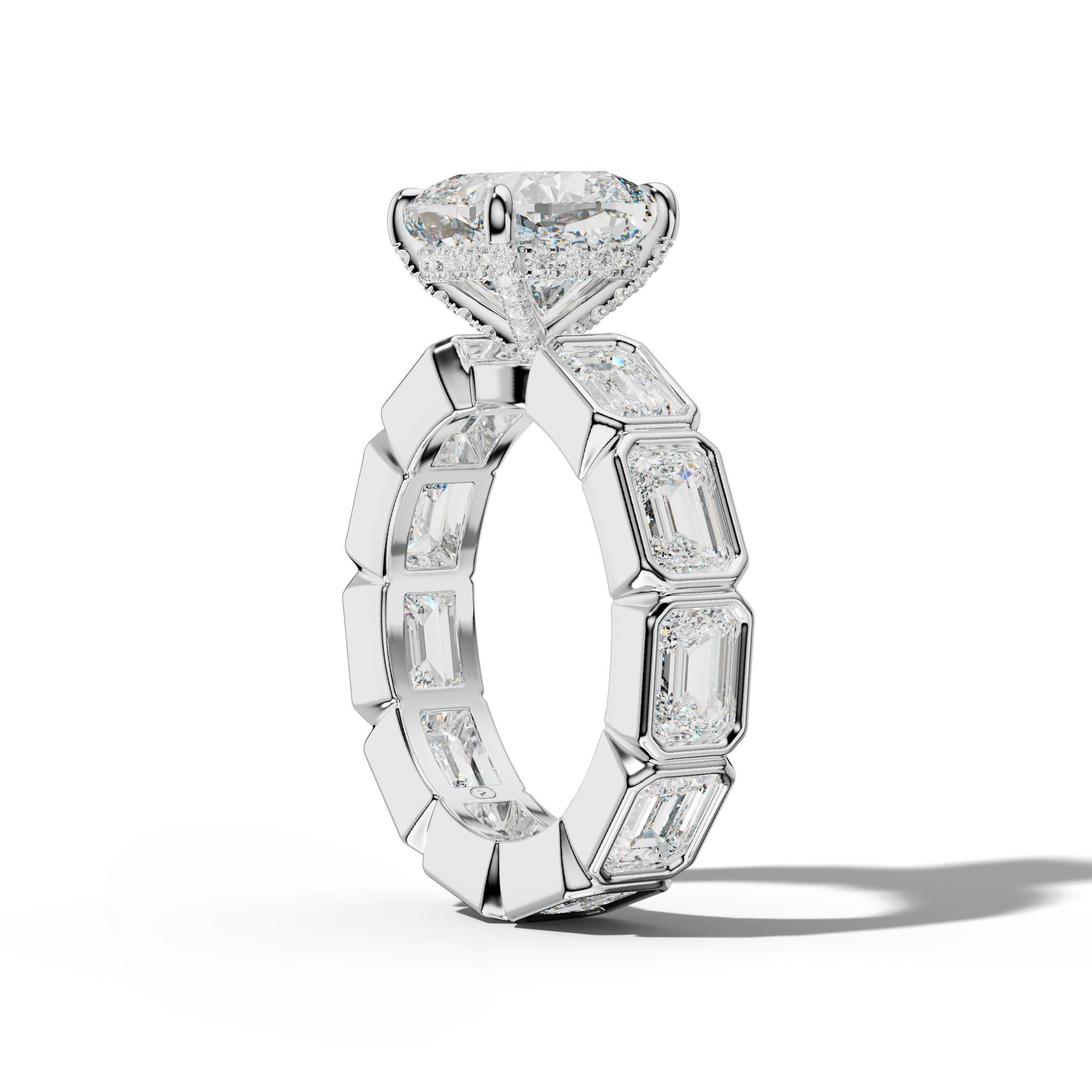 Violeta Cushion Diamond Engagement Ring With East West Emerald Side Stones
