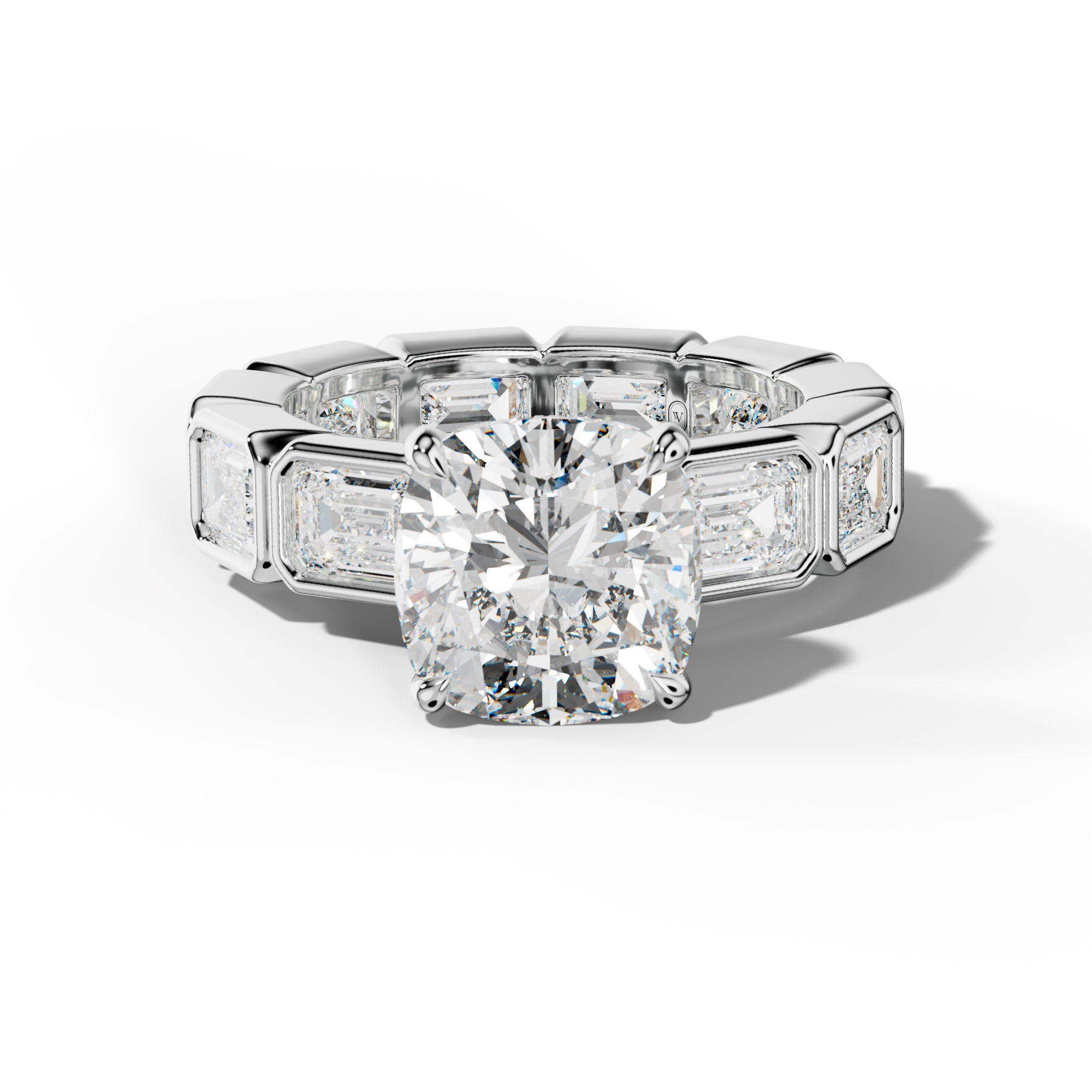 Violeta Cushion Diamond Engagement Ring With East West Emerald Side Stones