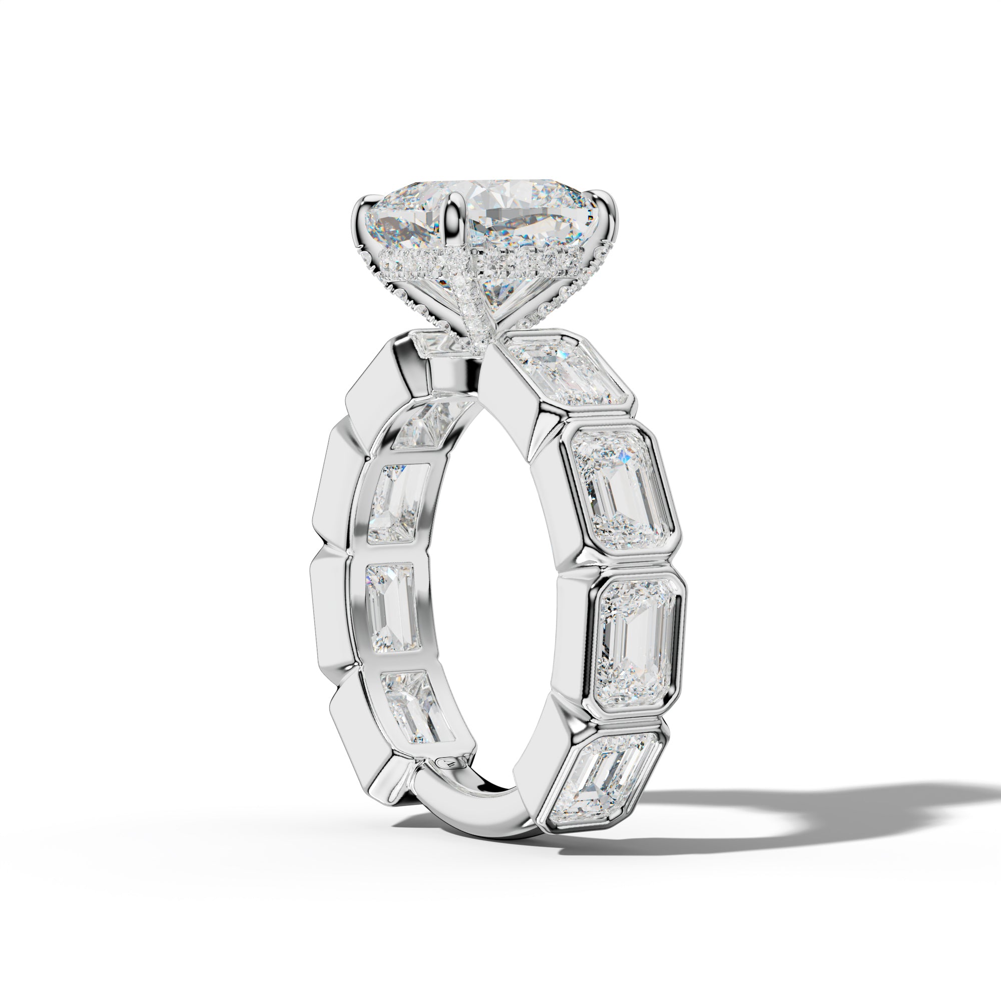 Jessie Cushion Diamond Engagement Ring With East West Emerald Side Stones