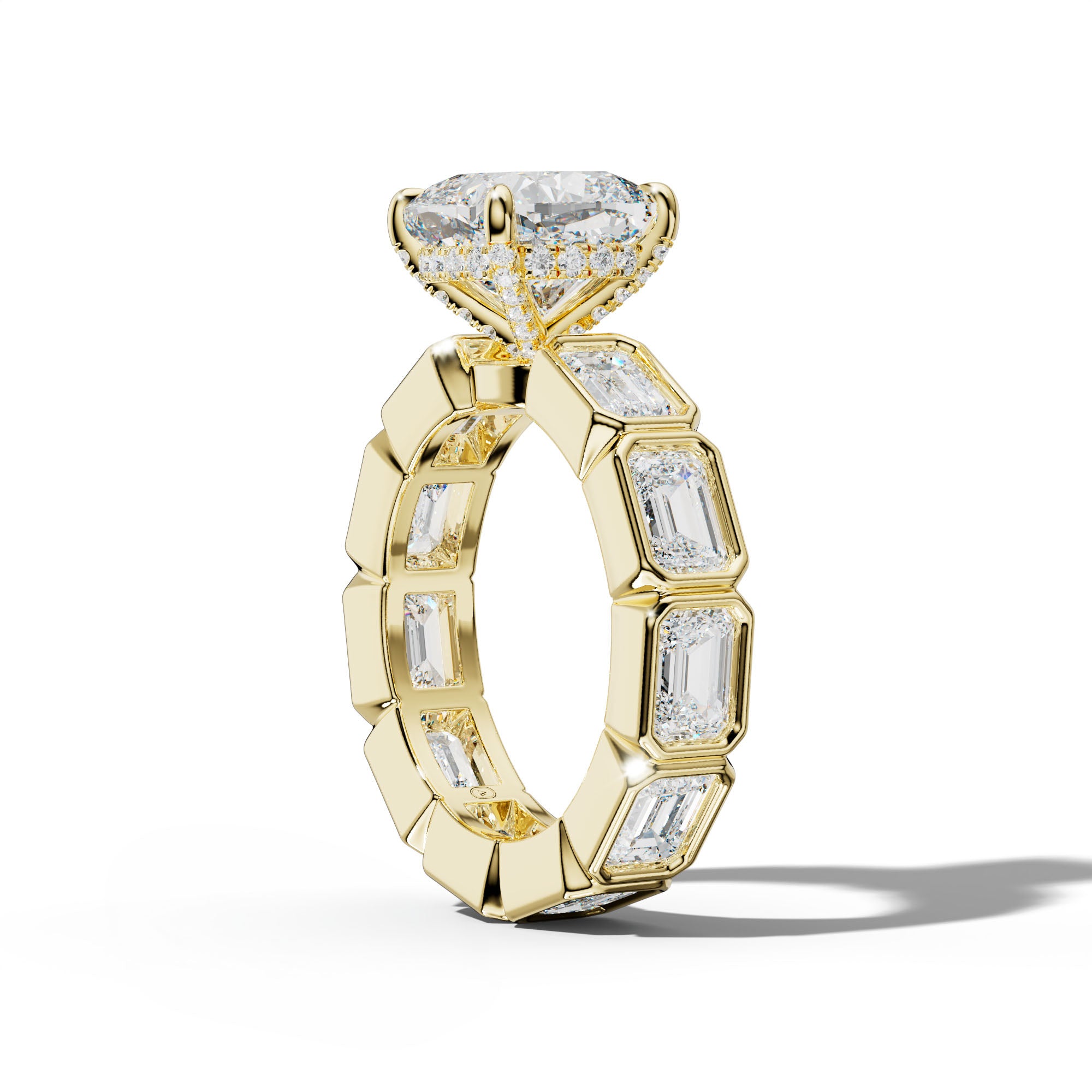 Violeta Cushion Diamond Engagement Ring With East West Emerald Side Stones