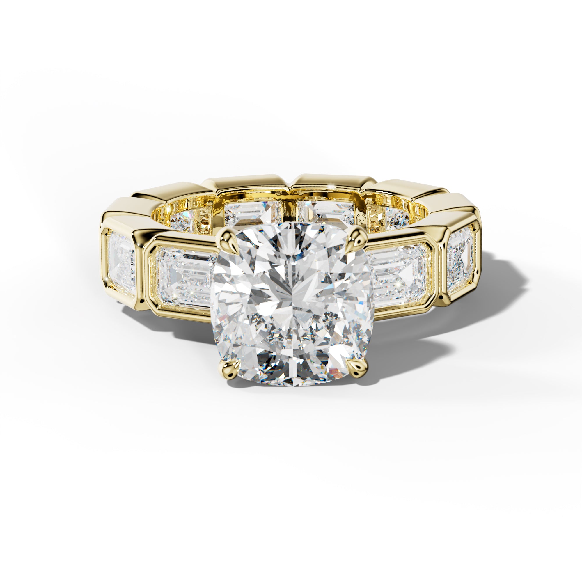Violeta Cushion Diamond Engagement Ring With East West Emerald Side Stones