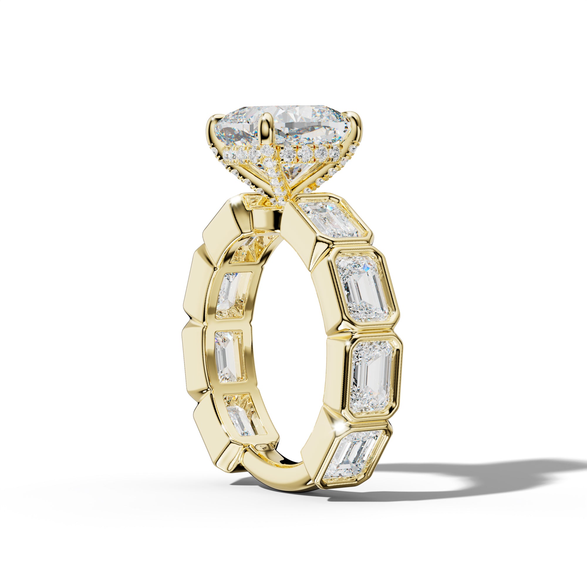 Jessie Cushion Diamond Engagement Ring With East West Emerald Side Stones