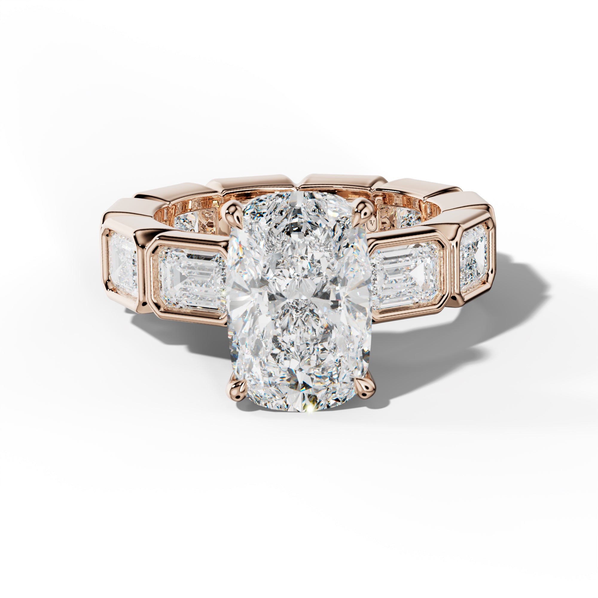 Violeta Elongated Cushion Diamond Engagement Ring With East West Emerald Side Stones