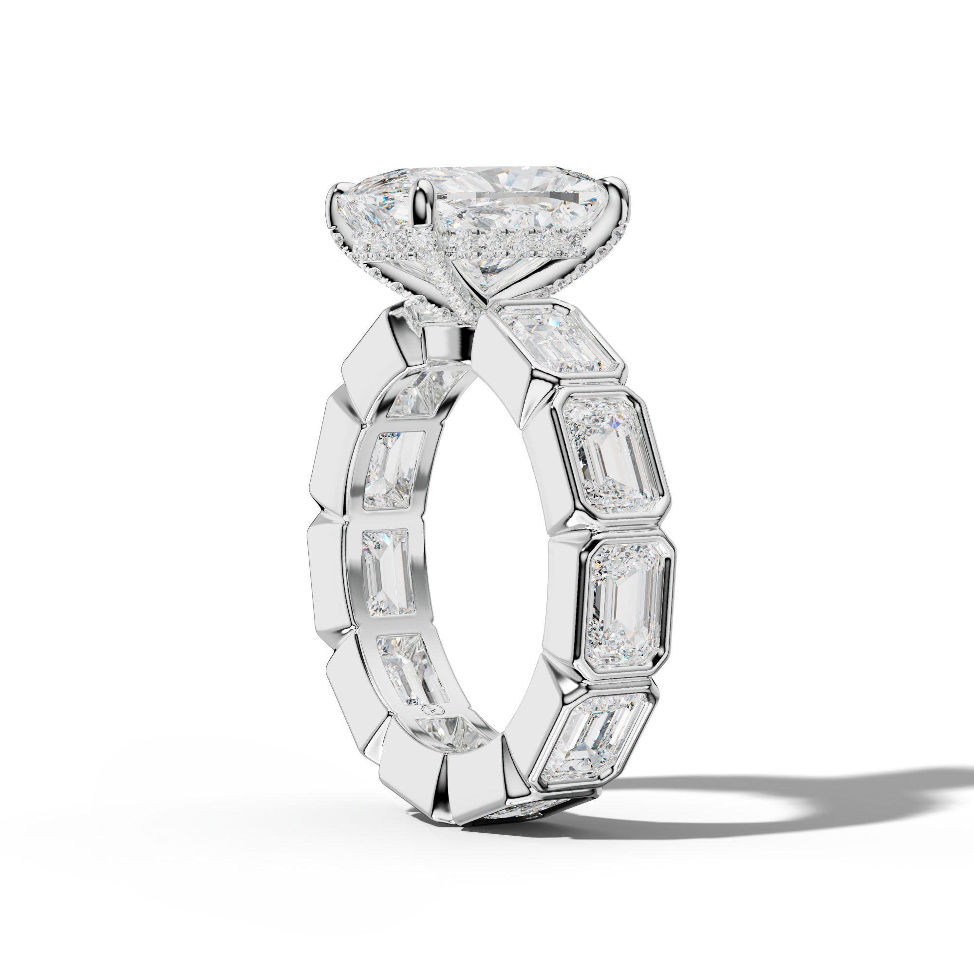 Violeta Elongated Cushion Diamond Engagement Ring With East West Emerald Side Stones