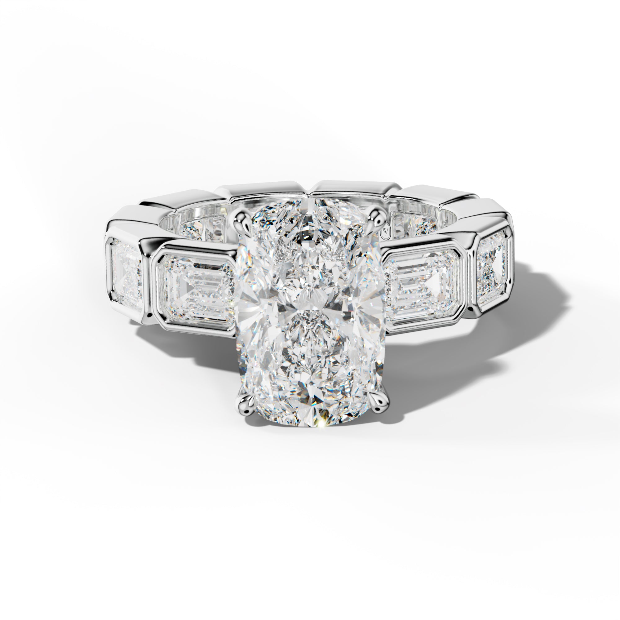 Violeta Elongated Cushion Diamond Engagement Ring With East West Emerald Side Stones