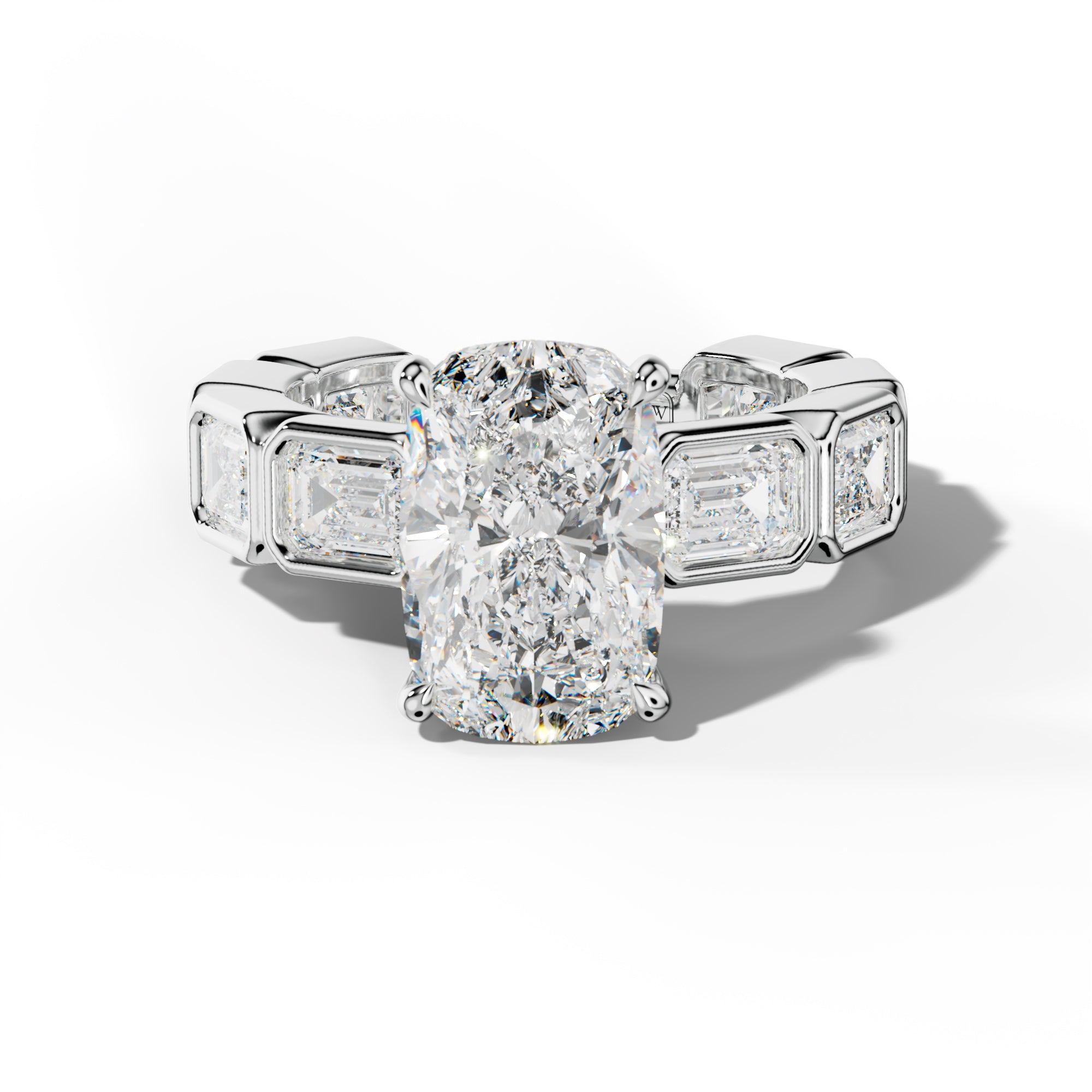 Jessie Elongated Cushion Diamond Engagement Ring With East West Emerald Side Stones