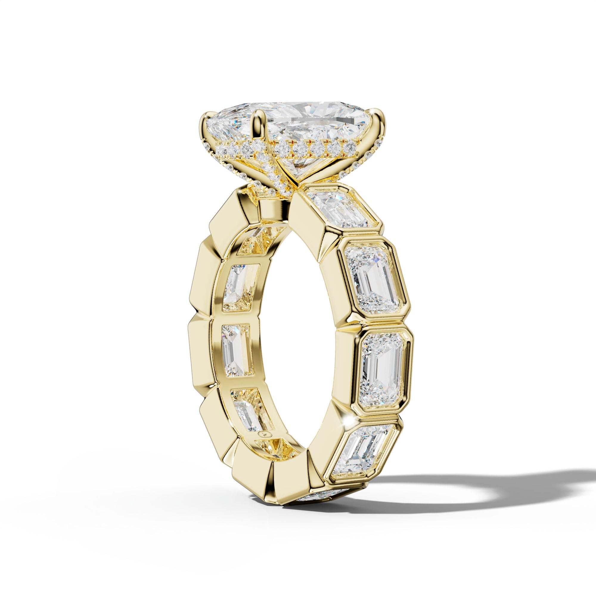Violeta Elongated Cushion Diamond Engagement Ring With East West Emerald Side Stones