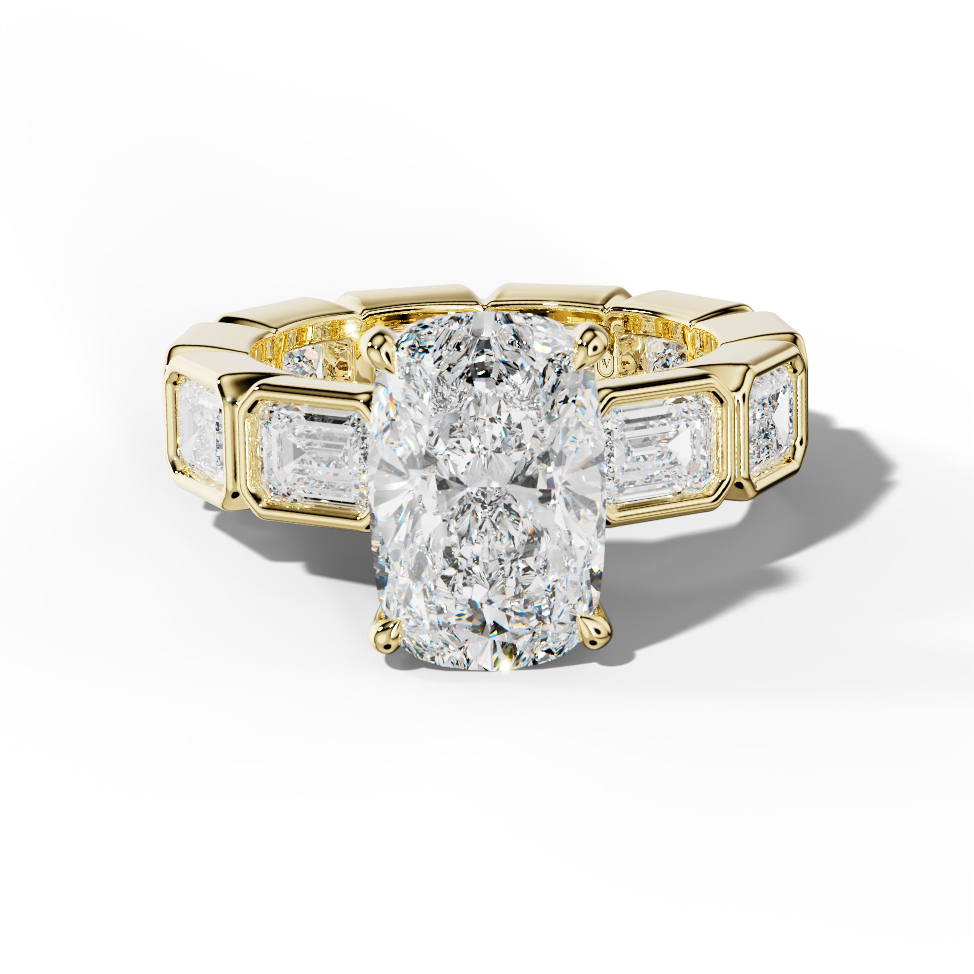 Violeta Elongated Cushion Diamond Engagement Ring With East West Emerald Side Stones