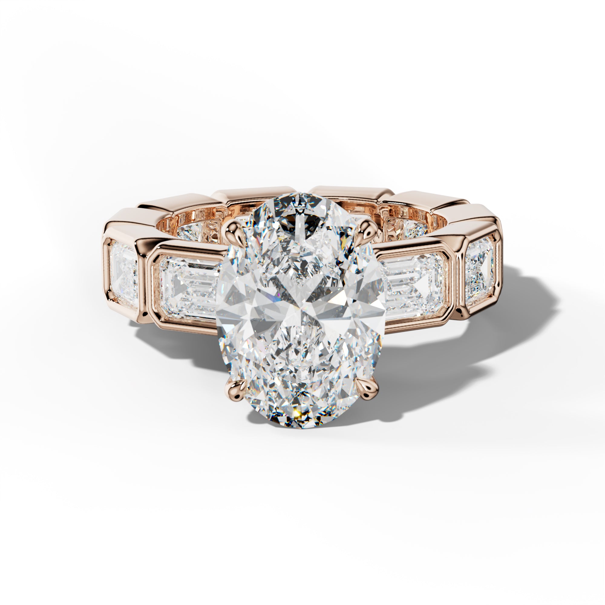 Violeta Oval Diamond Engagement Ring With East West Emerald Side Stones