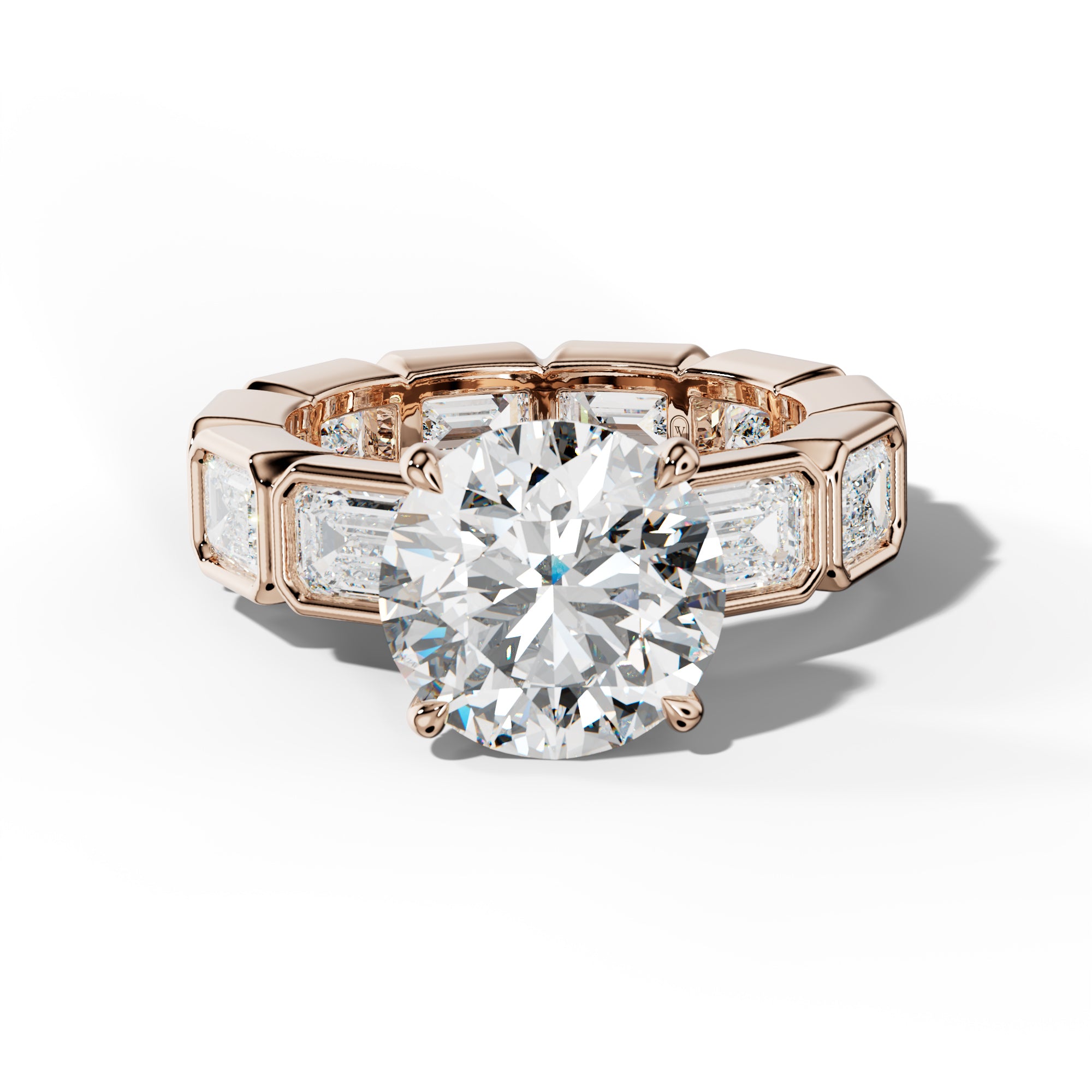 Violeta Round Diamond Engagement Ring With East West Emerald Side Stones