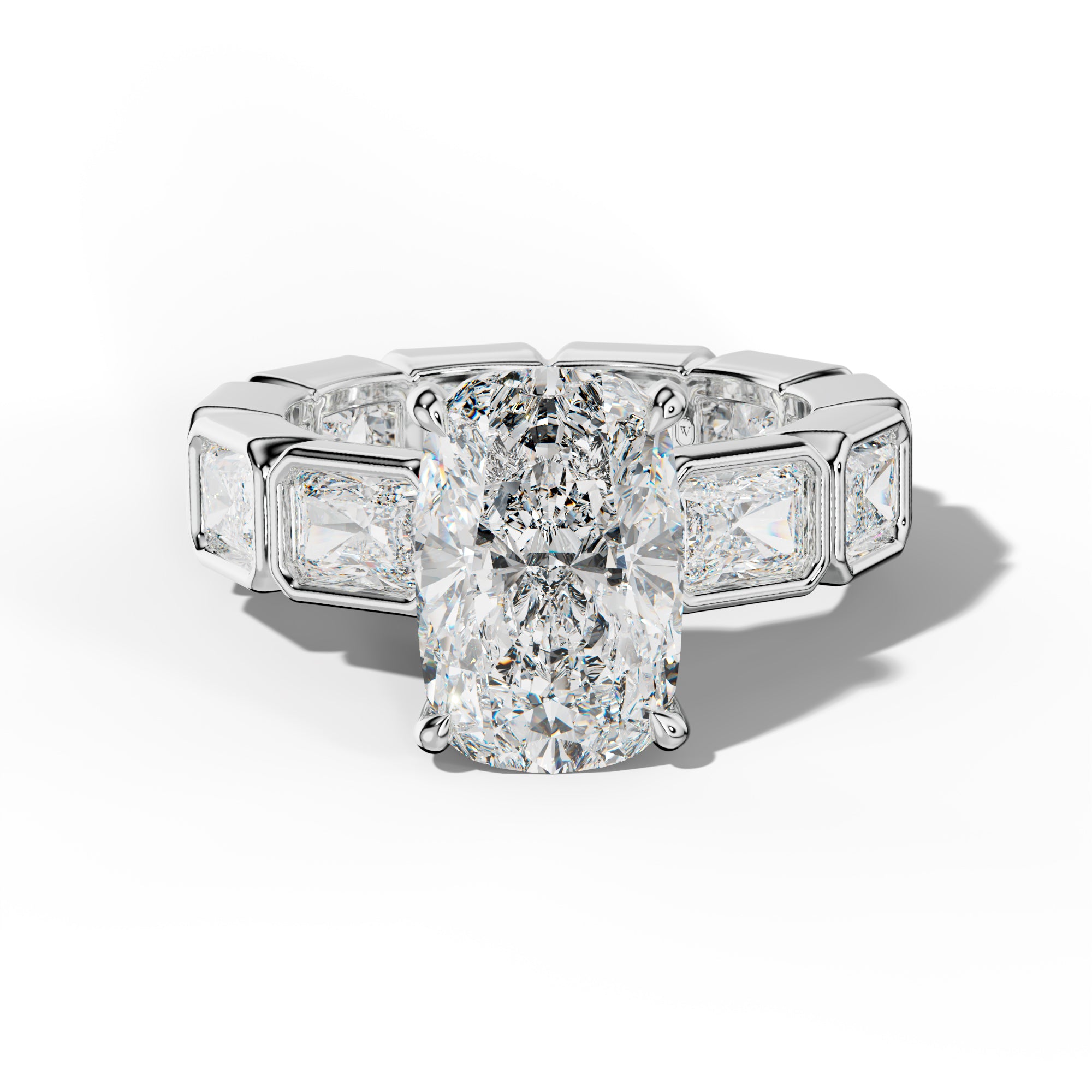 Alivia Elongated Cushion Diamond Engagement Ring With East West Radiant Side Stones