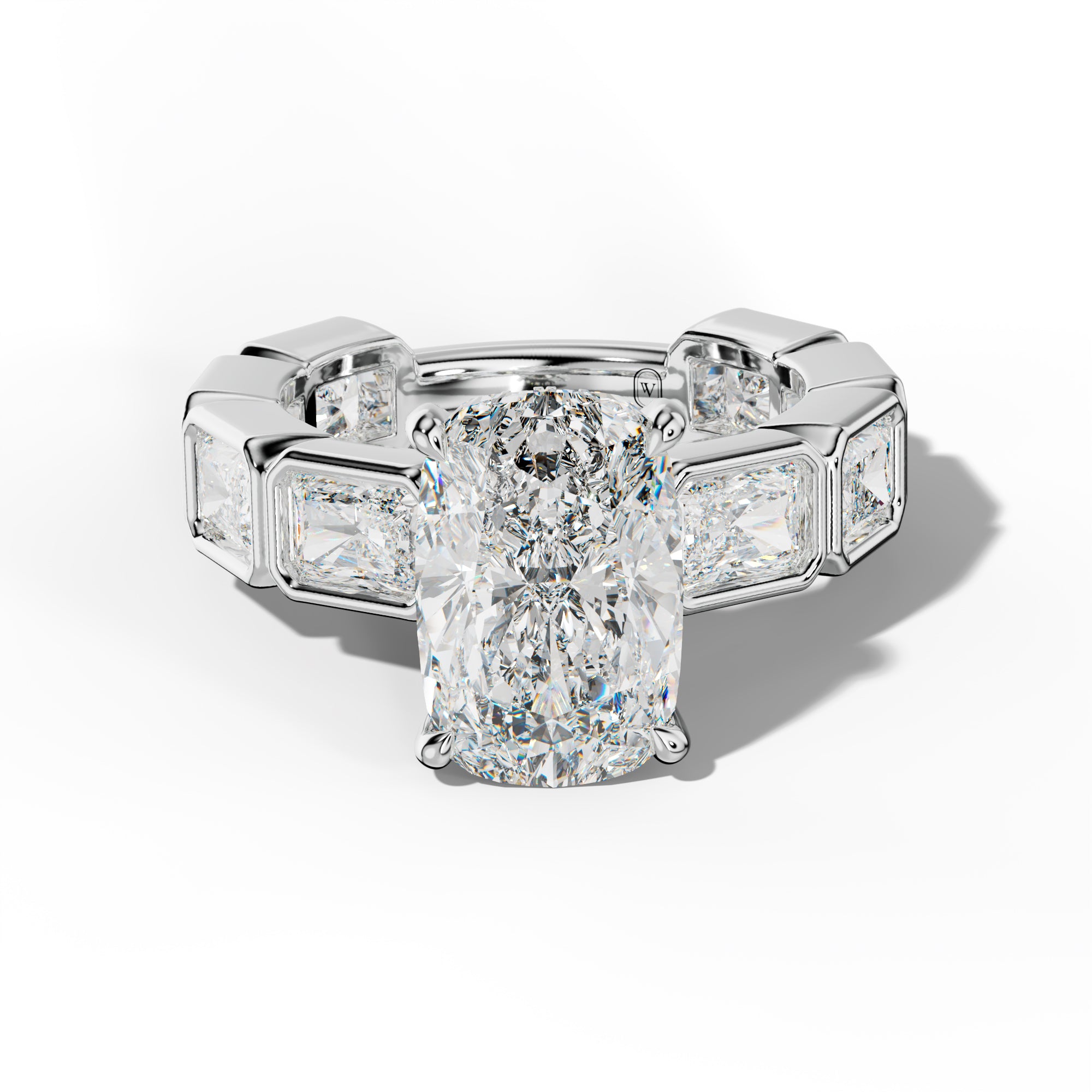 Sloane Elongated Cushion Diamond Engagement Ring With East West Radiant Side Stones