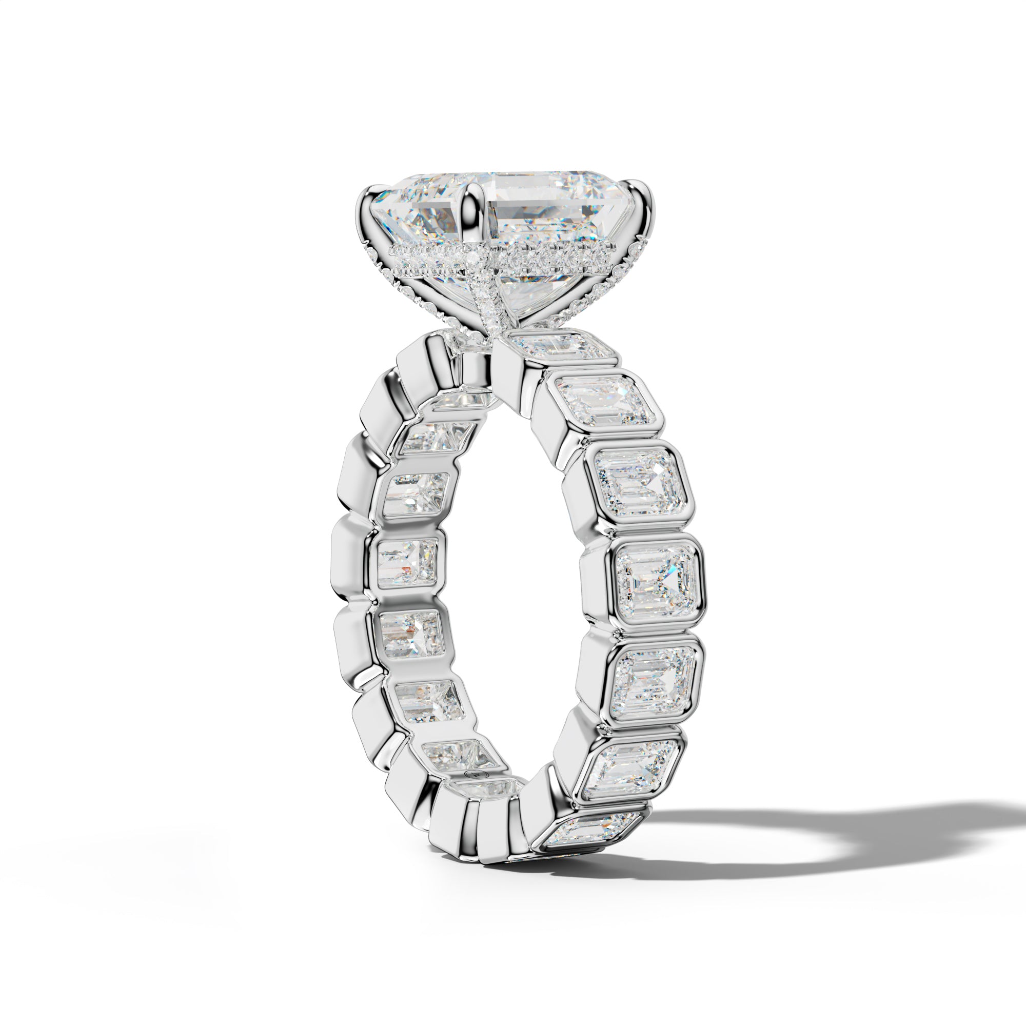 Palmer Asscher Diamond Engagement Ring With Emerald Side Stones